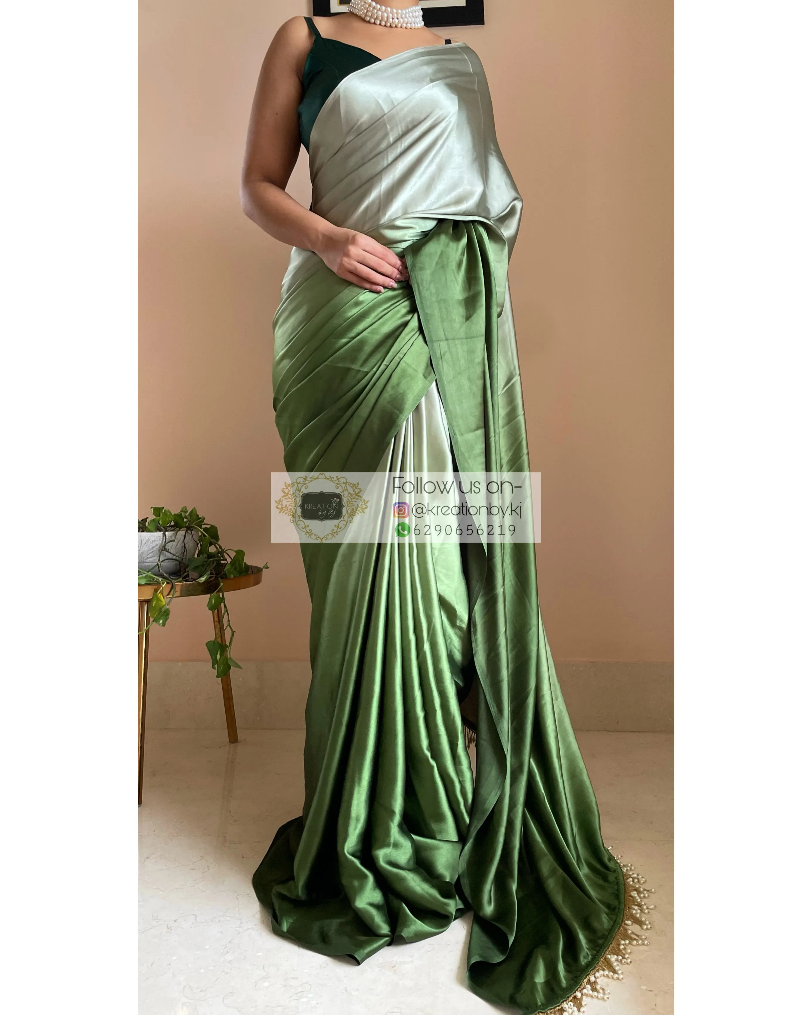 Green Hedge Ombré Satin Silk Saree with Handmade Tassels on Pallu