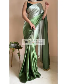 Green Hedge Ombré Satin Silk Saree with Handmade Tassels on Pallu