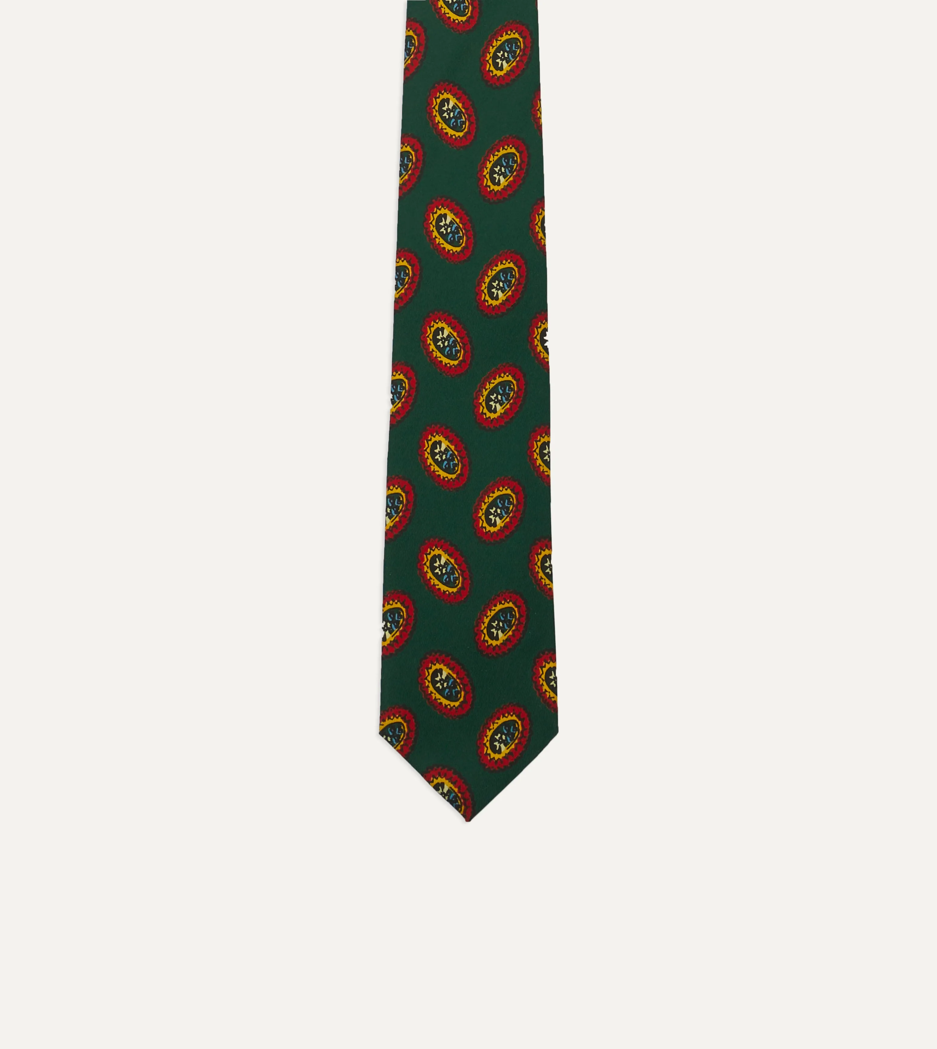 Green Oval Medallion Print Silk Self Tipped Tie