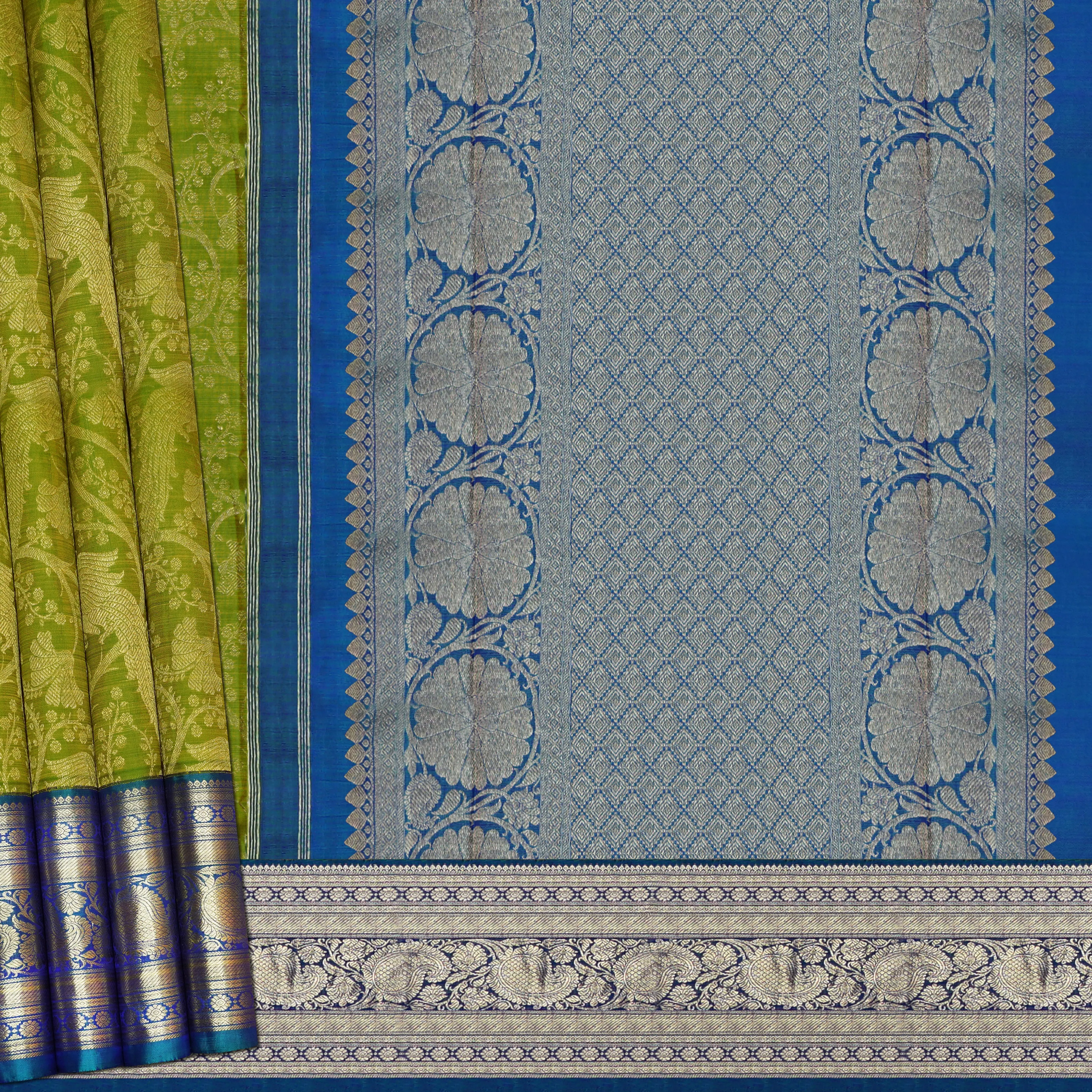 Handwoven Green with Blue Kanjivaram Silk Saree - 1903T004217DSC