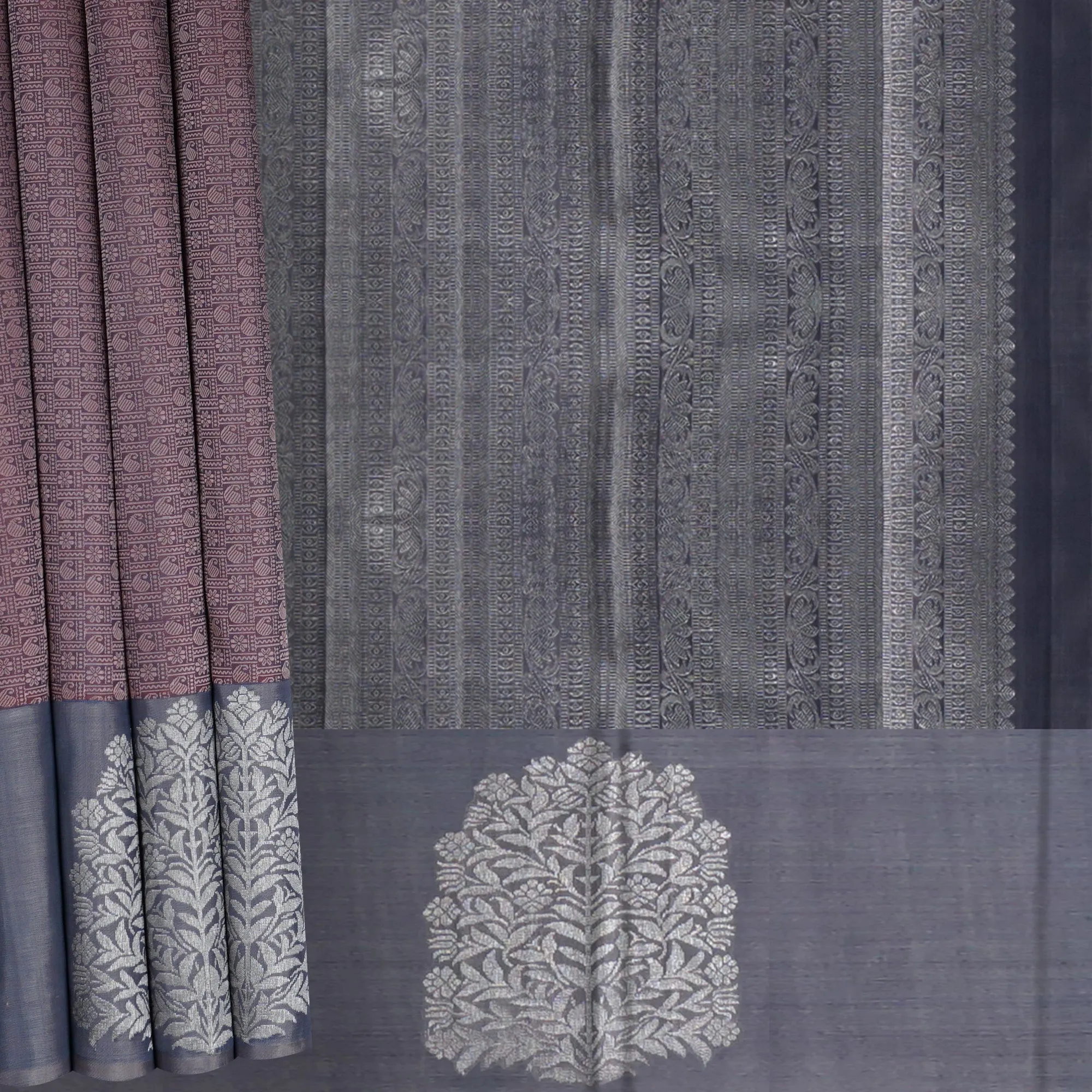 Handwoven Mauve with Grey Kanjivaram Silk Saree - 1633T006158DSC