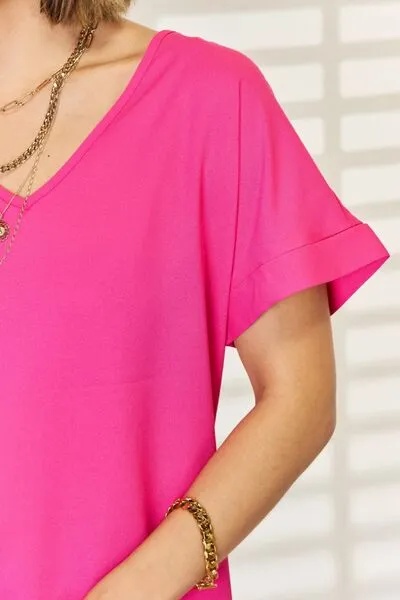 Hot Pink V-Neck Rolled Short Sleeve T-Shirt (Online Exclusive)