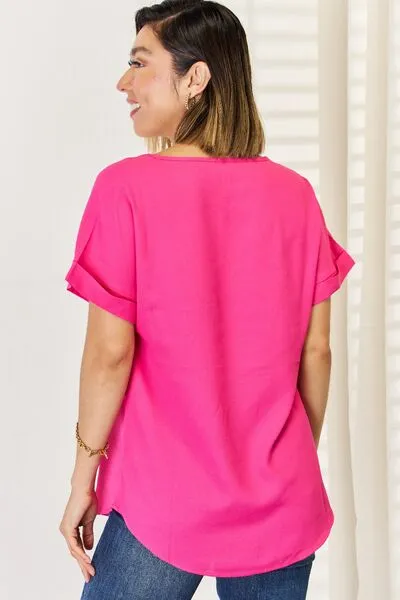 Hot Pink V-Neck Rolled Short Sleeve T-Shirt (Online Exclusive)