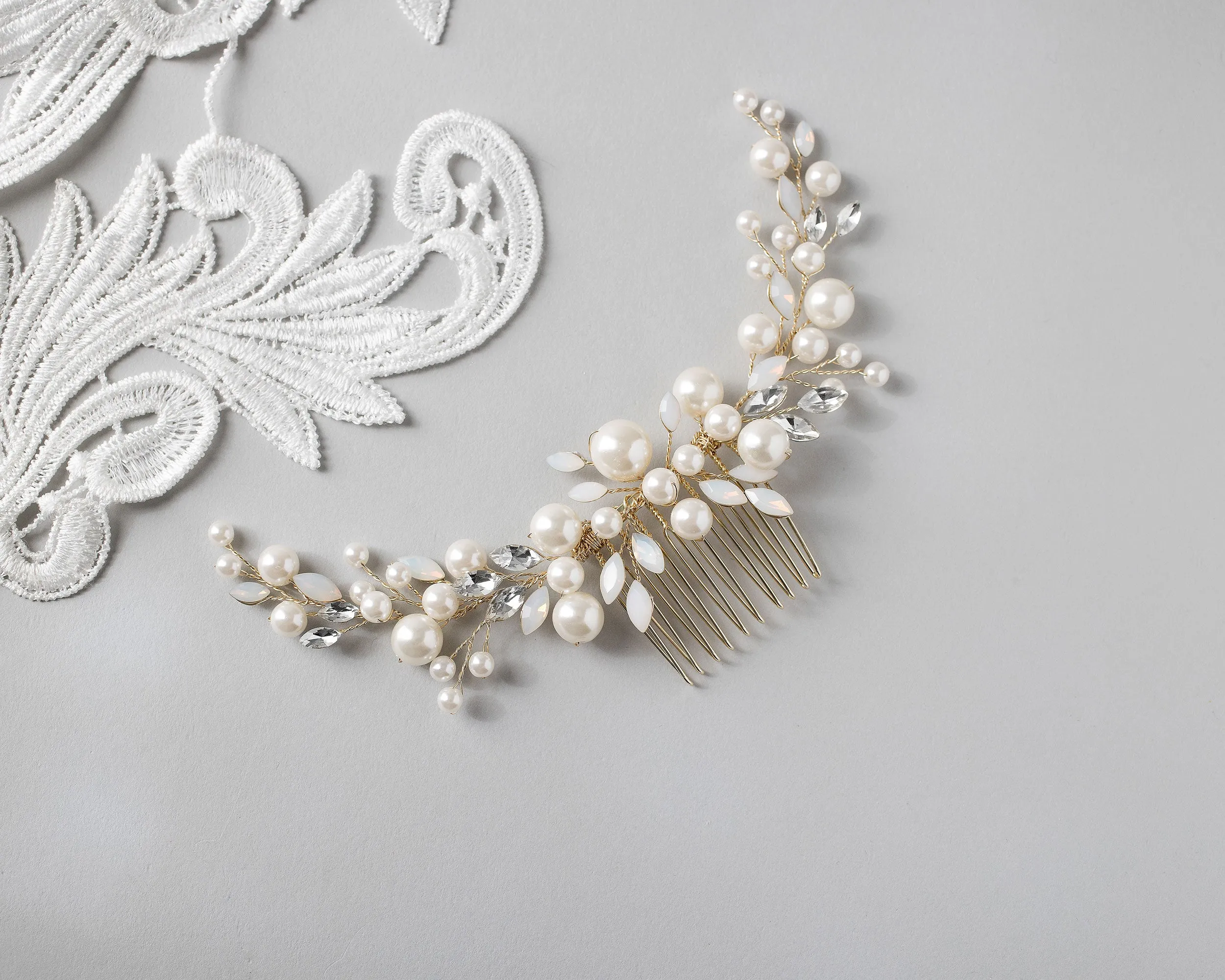 Ivory Pearls and Opal Bridal Comb