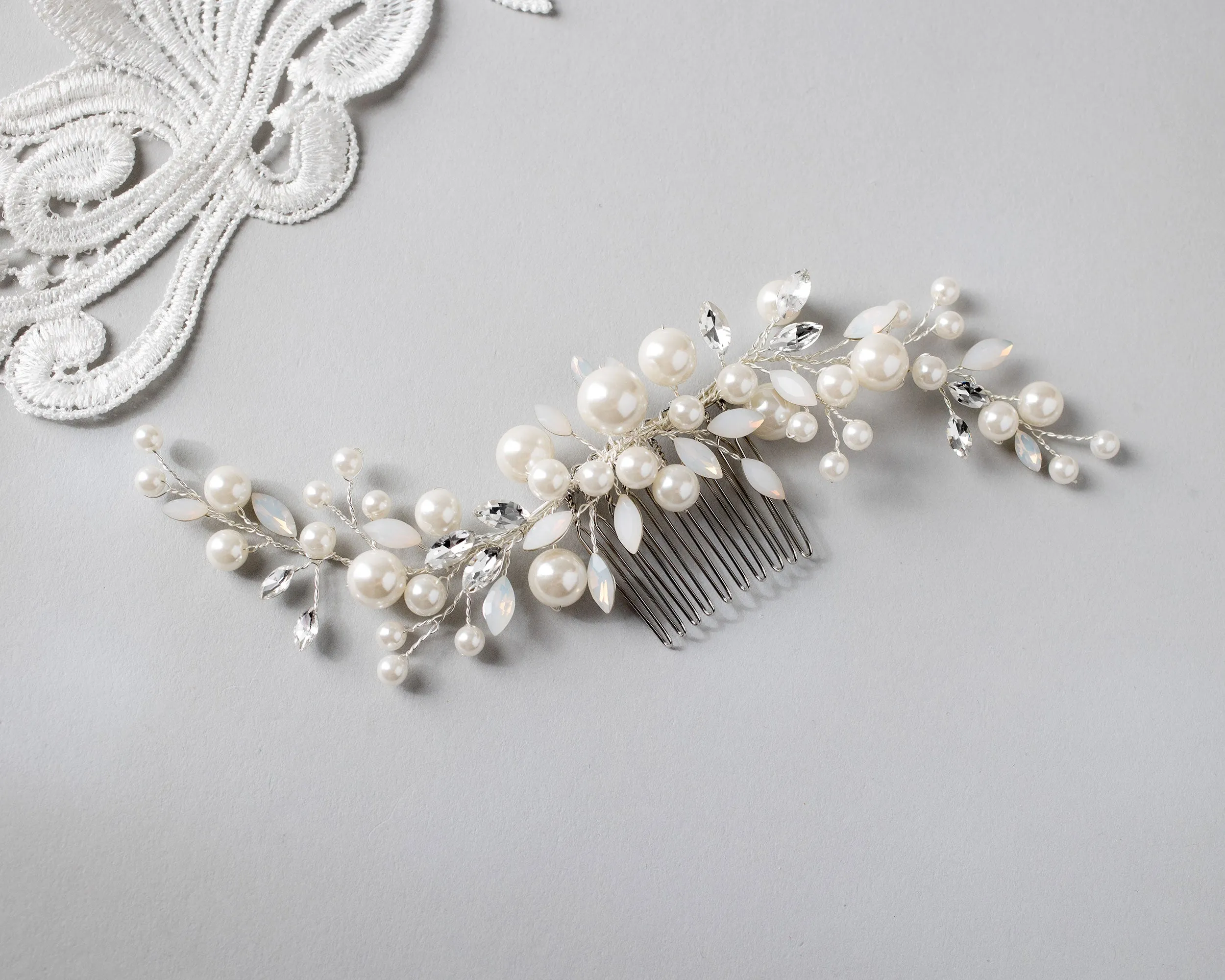 Ivory Pearls and Opal Bridal Comb