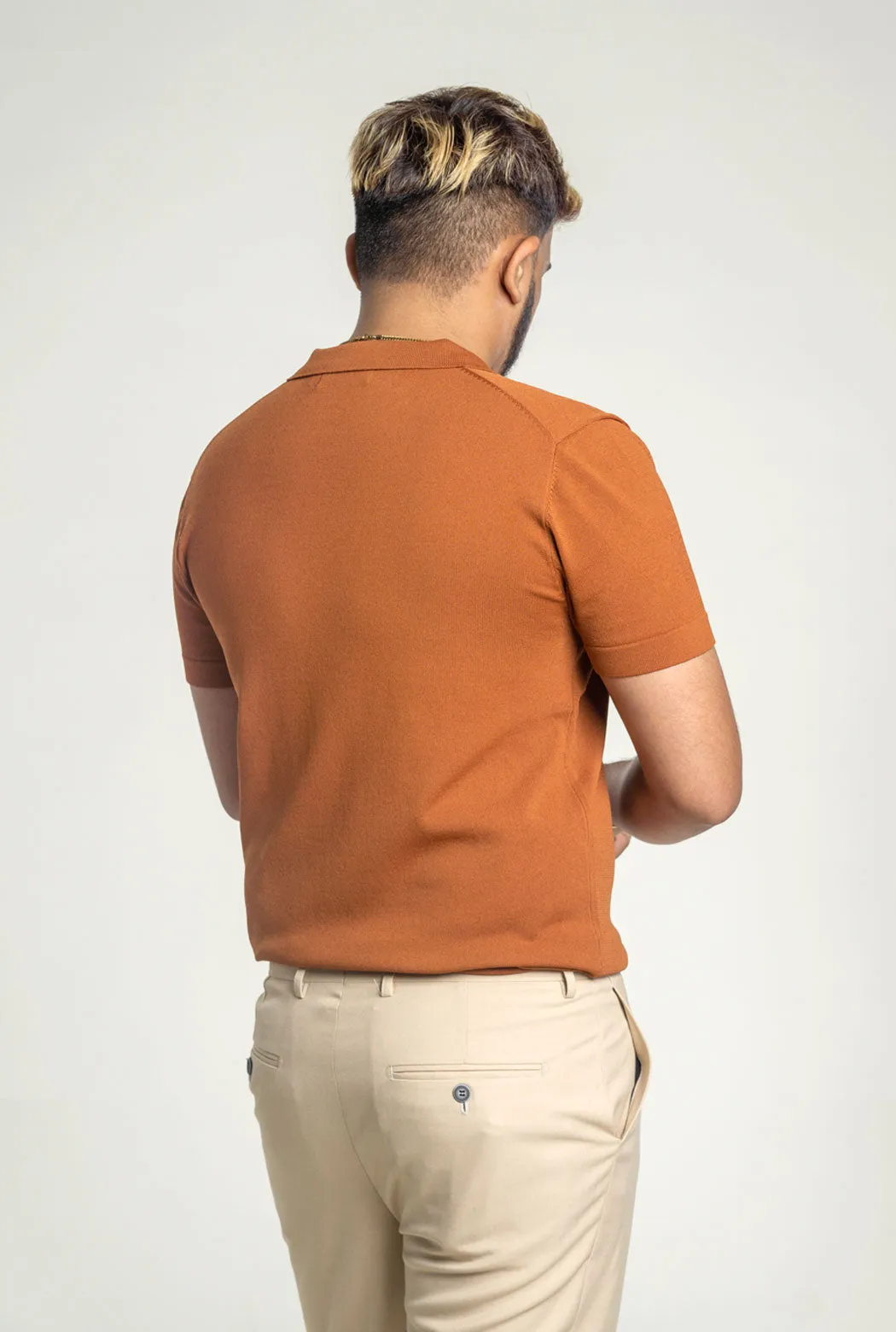 Knit  Polo Tee - Cinnamon Brown Open Collar