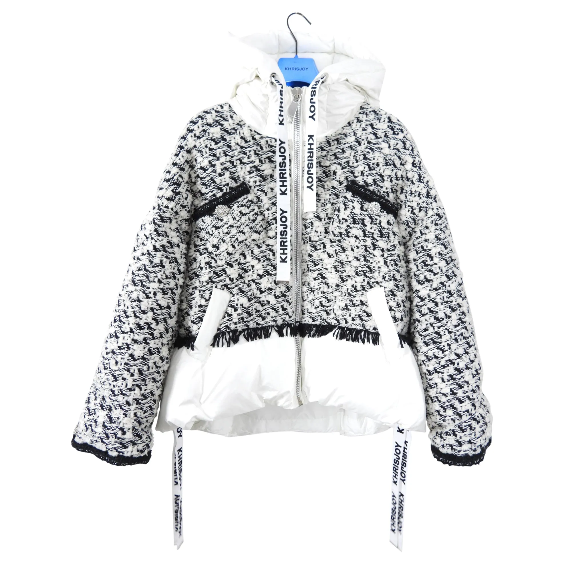 Krisjoy Black and White Tweed Puffer Parka Jacket - S