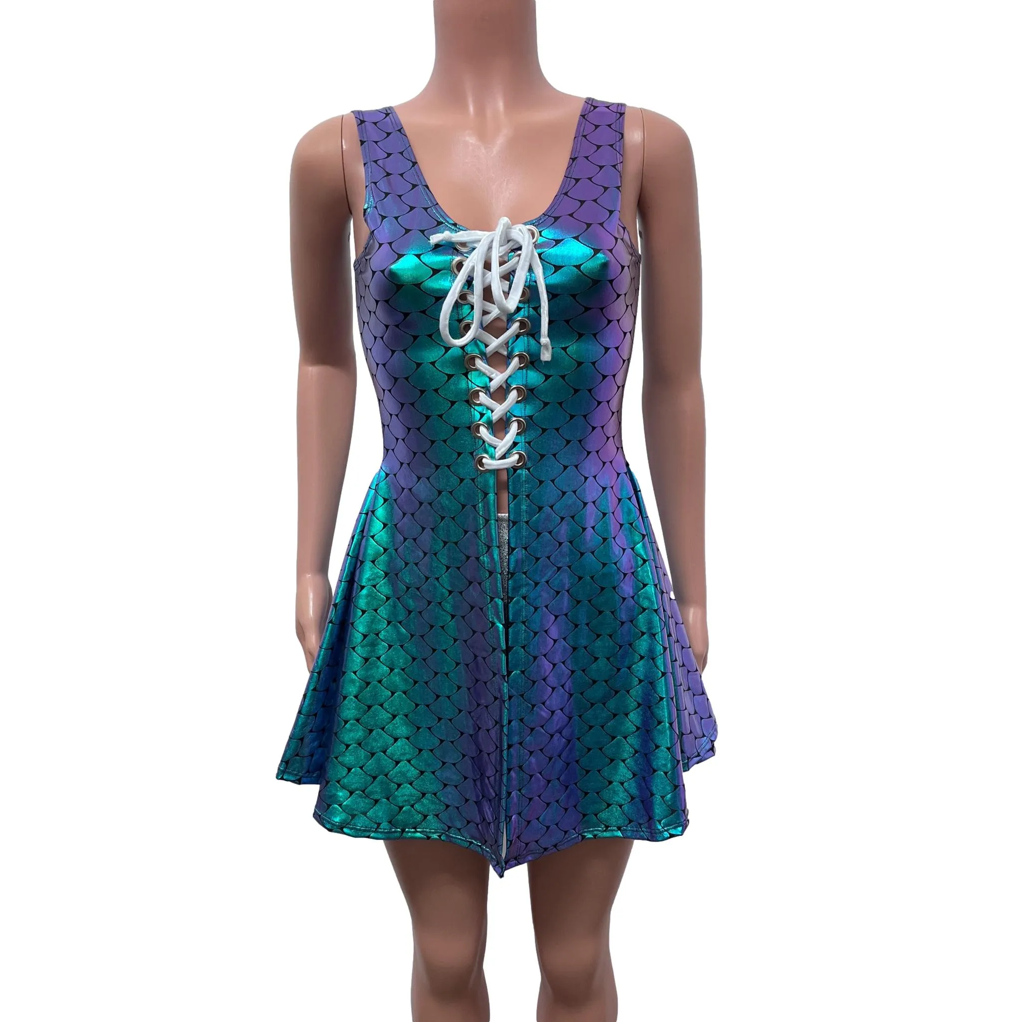 Lace-Up Open-Front Dress - Mermaid Holographic