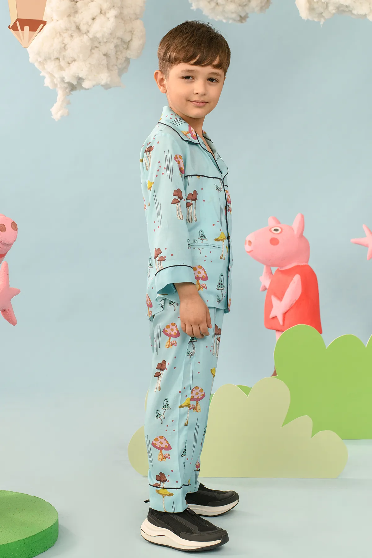 Leotia- Blue Mushroom Notched Collar Shirt Set For Boys