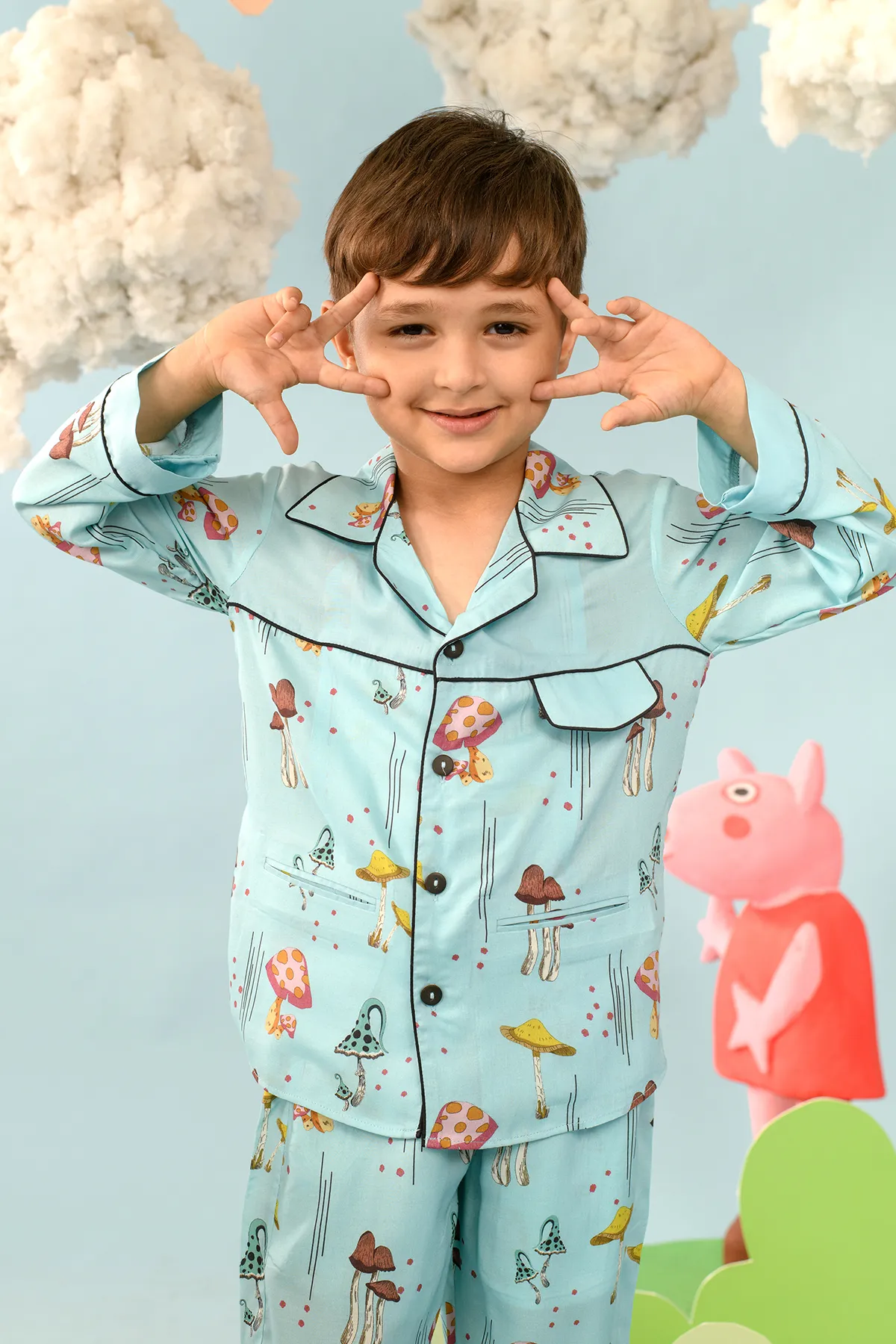 Leotia- Blue Mushroom Notched Collar Shirt Set For Boys