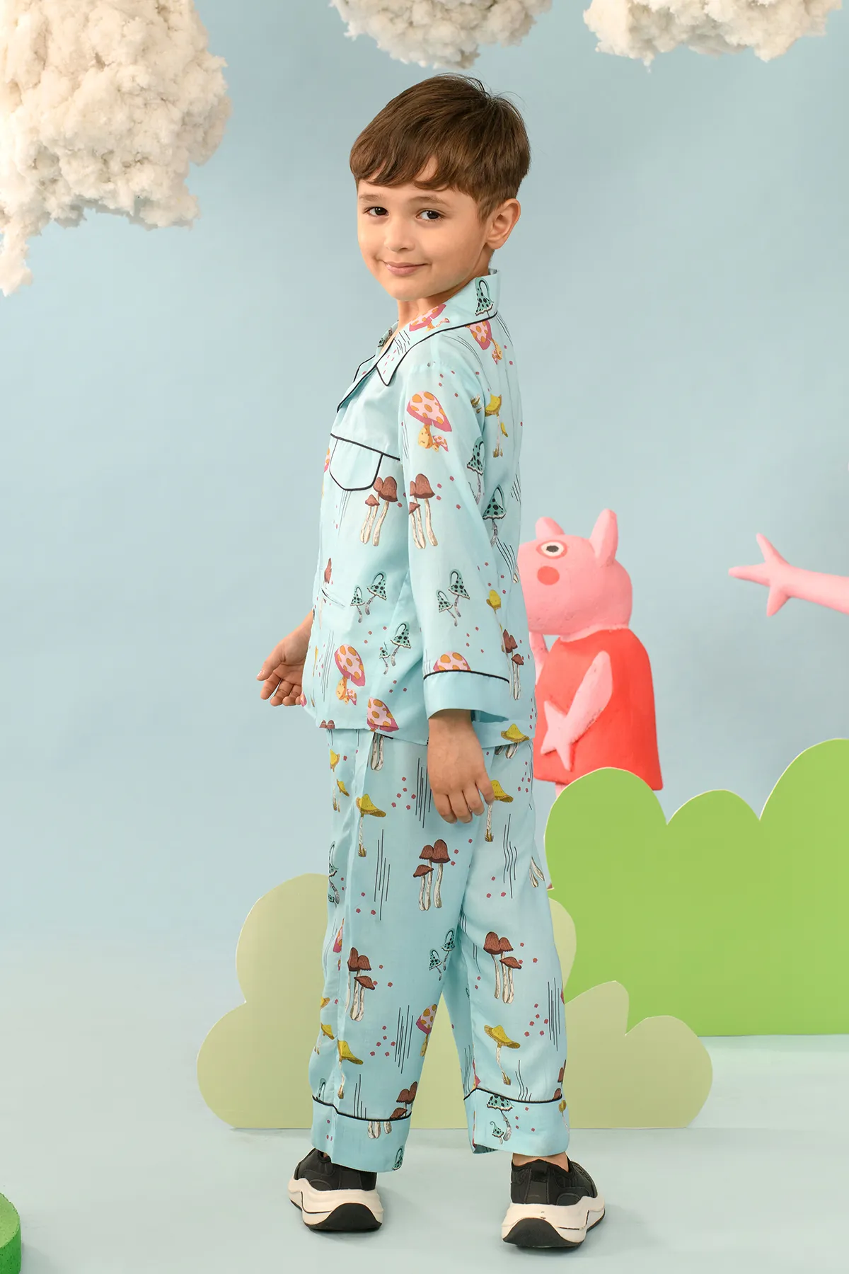 Leotia- Blue Mushroom Notched Collar Shirt Set For Boys