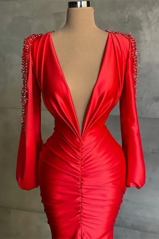 Long Sleeves Red Mermaid Prom Dress Deep V-Neck