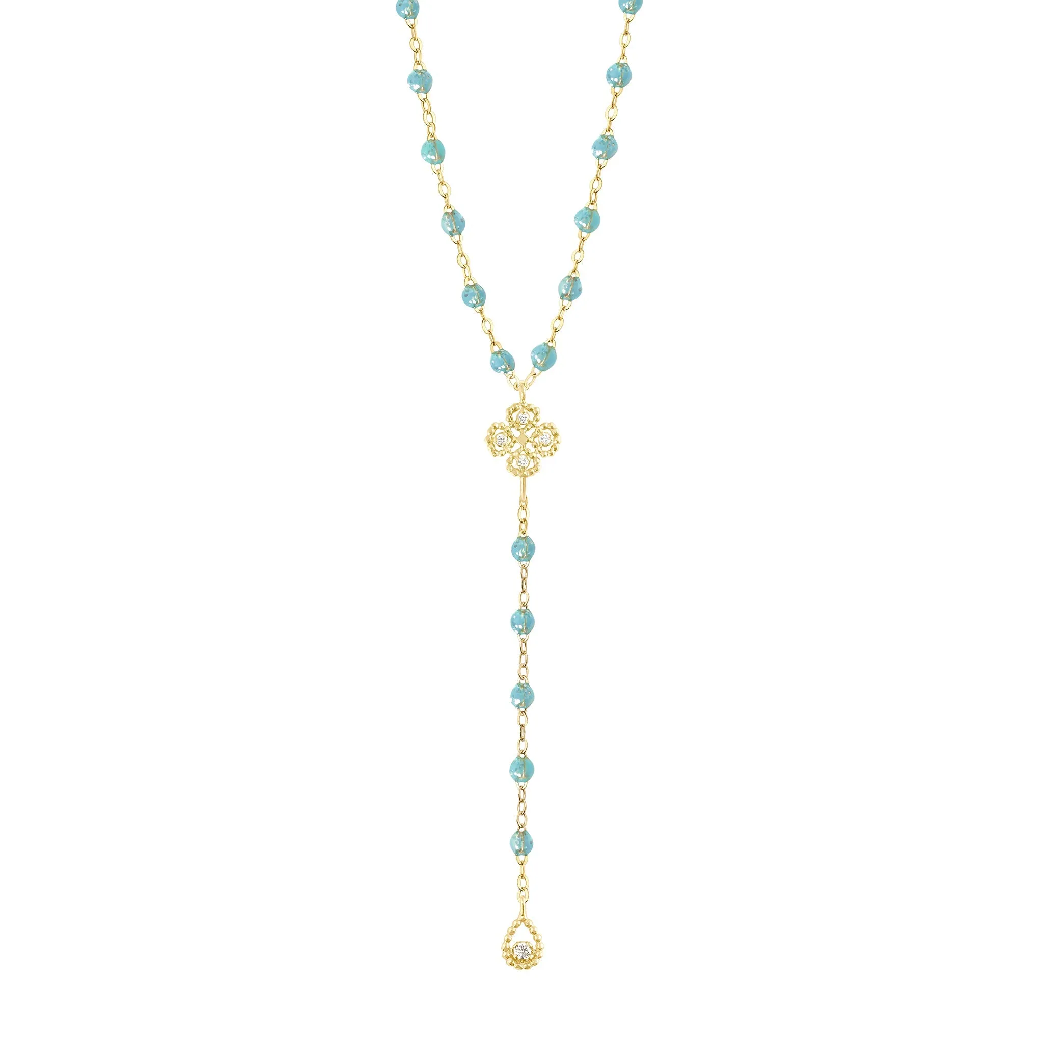 Lucky Classic Gigi Aqua diamond rosary, Yellow Gold, 17.7"