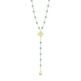 Lucky Classic Gigi Aqua diamond rosary, Yellow Gold, 17.7"