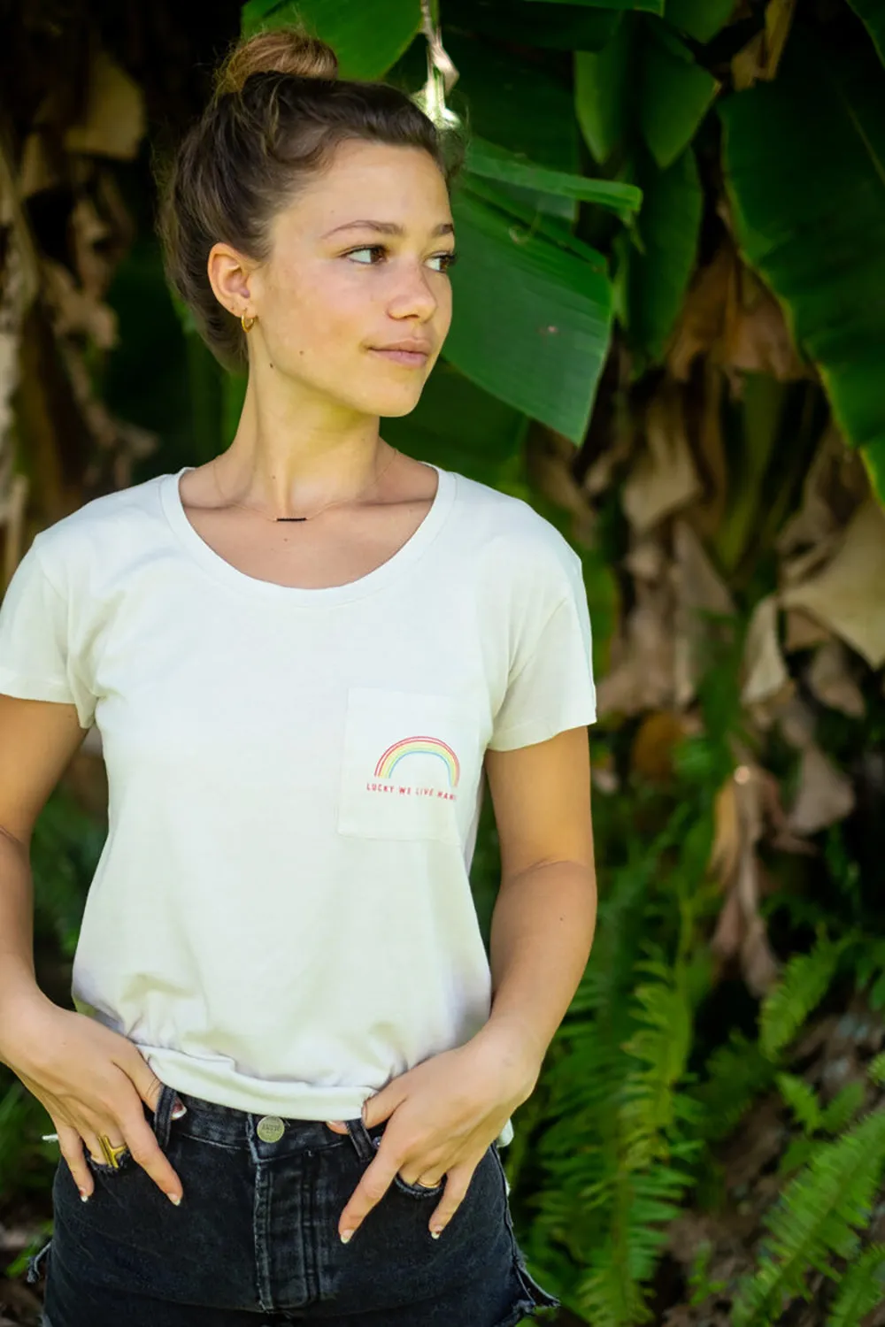 Lucky We Live Hawaii Rainbow Pocket Tee in Charcoal