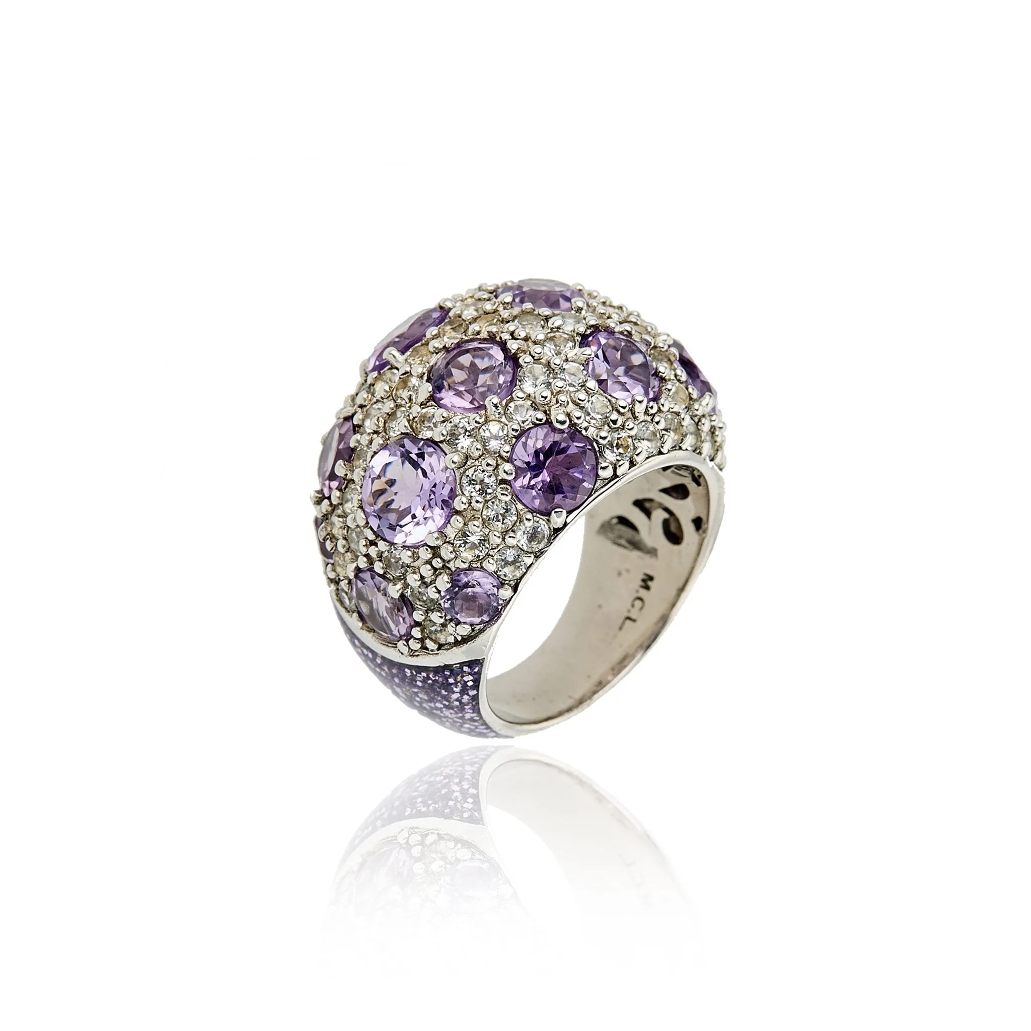 MCL Design Sterling Silver Statement Ring With Light Purple Glitter Enamel, Amethyst & White Topaz