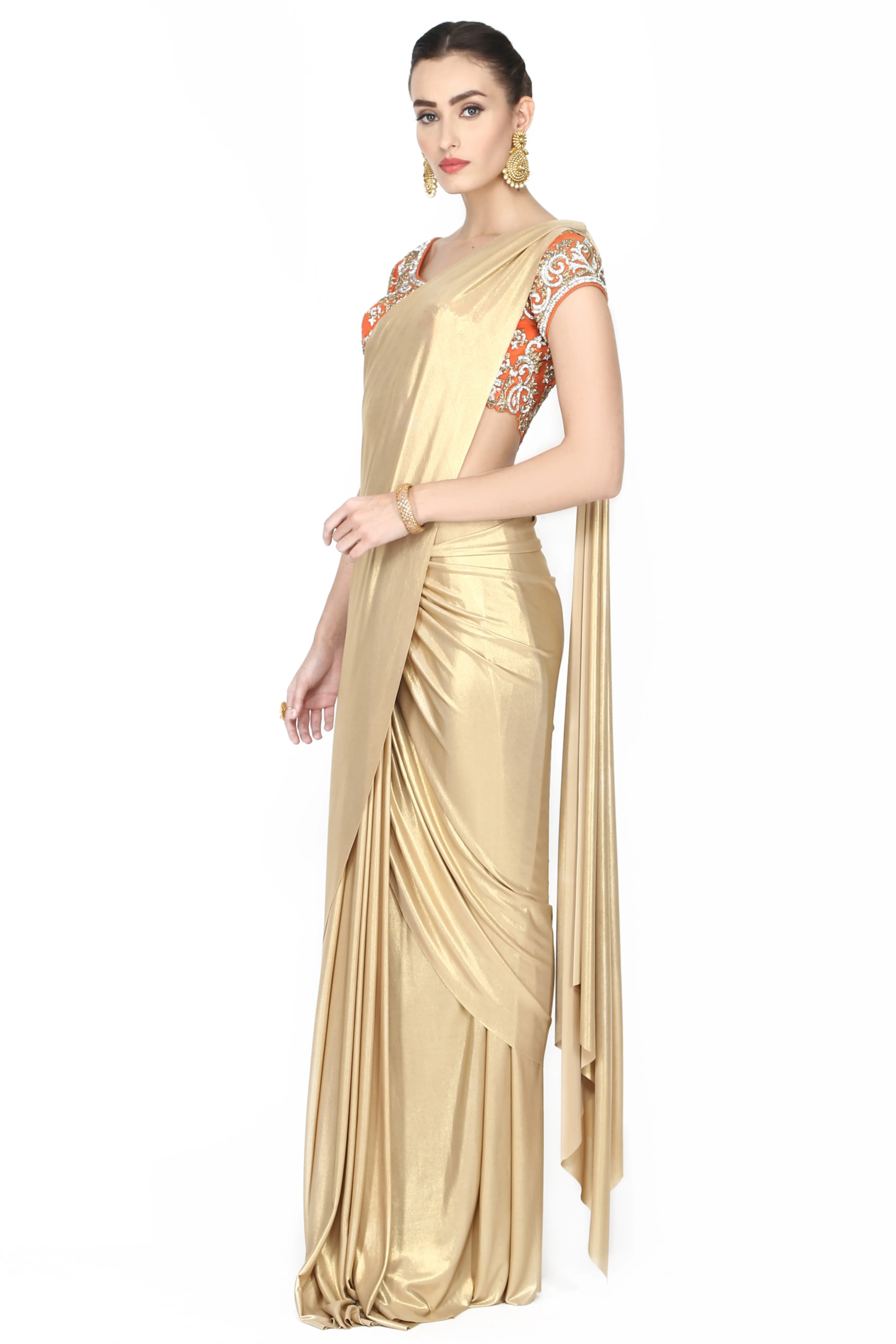 Metallic golden drape saree.