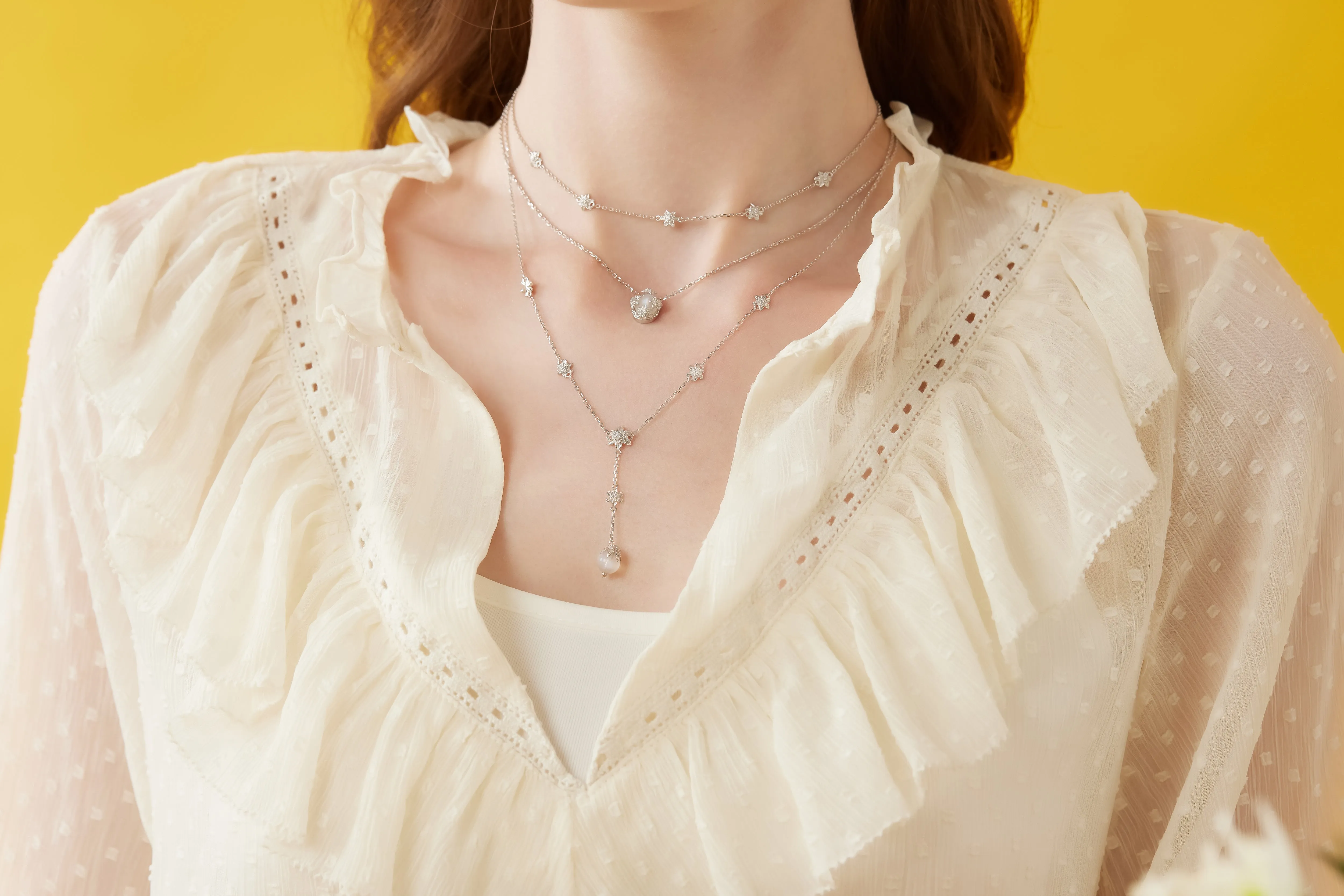 Moonstone Silver Floral Layered Necklace - Daffodil