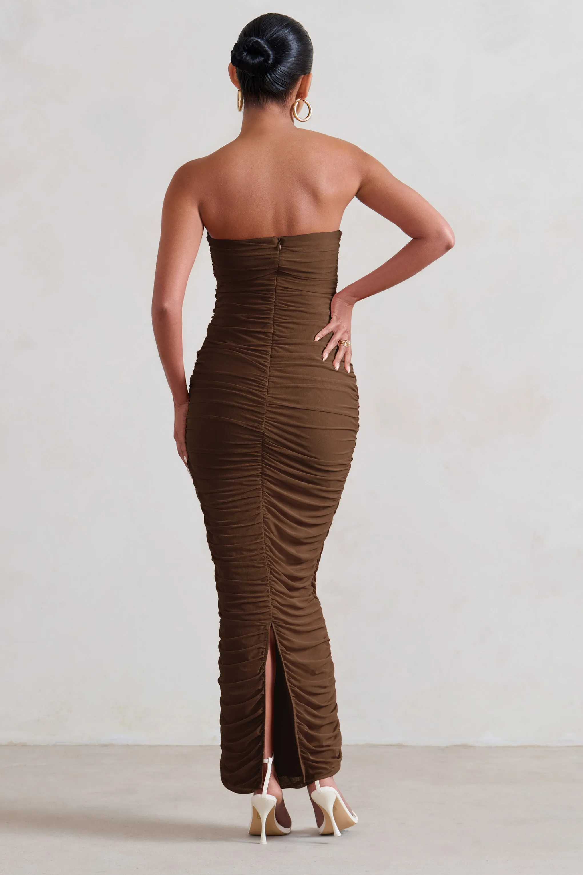 My Lady | Chocolate Maternity Brown Strapless Bodycon Ruched Mesh Maxi Dress