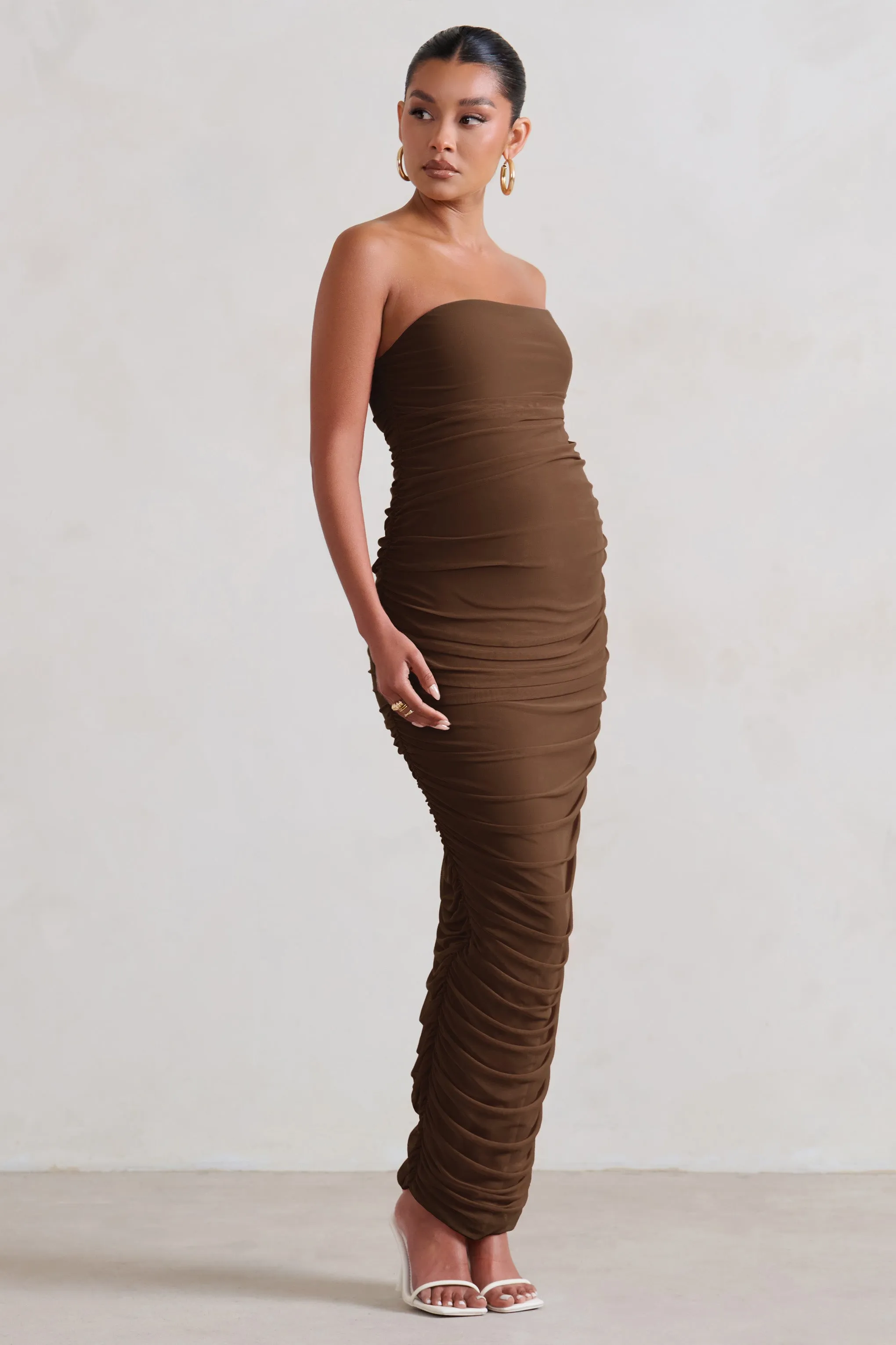 My Lady | Chocolate Maternity Brown Strapless Bodycon Ruched Mesh Maxi Dress