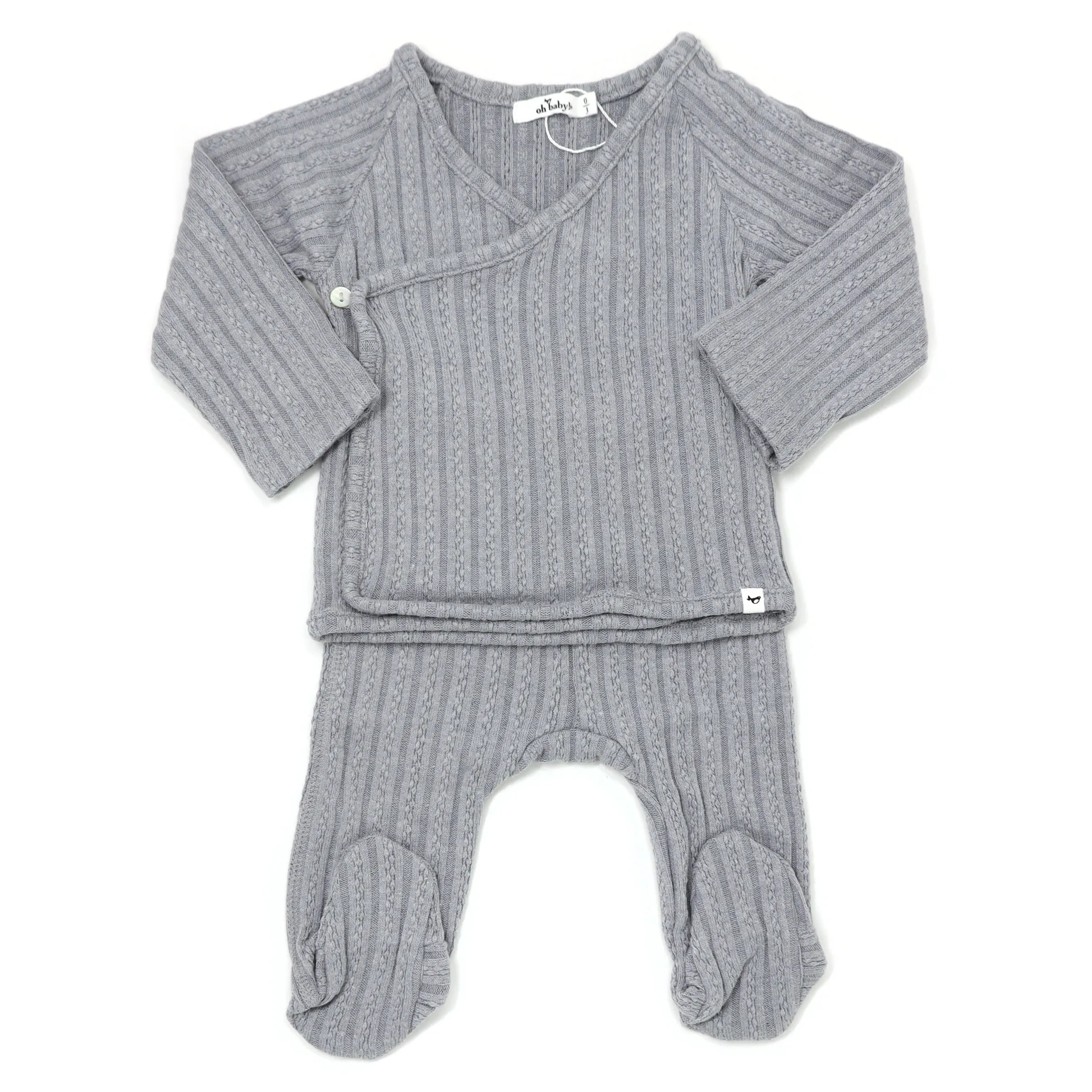 oh baby! Two Piece Kimono Footie Set - Cable Knit - Grey