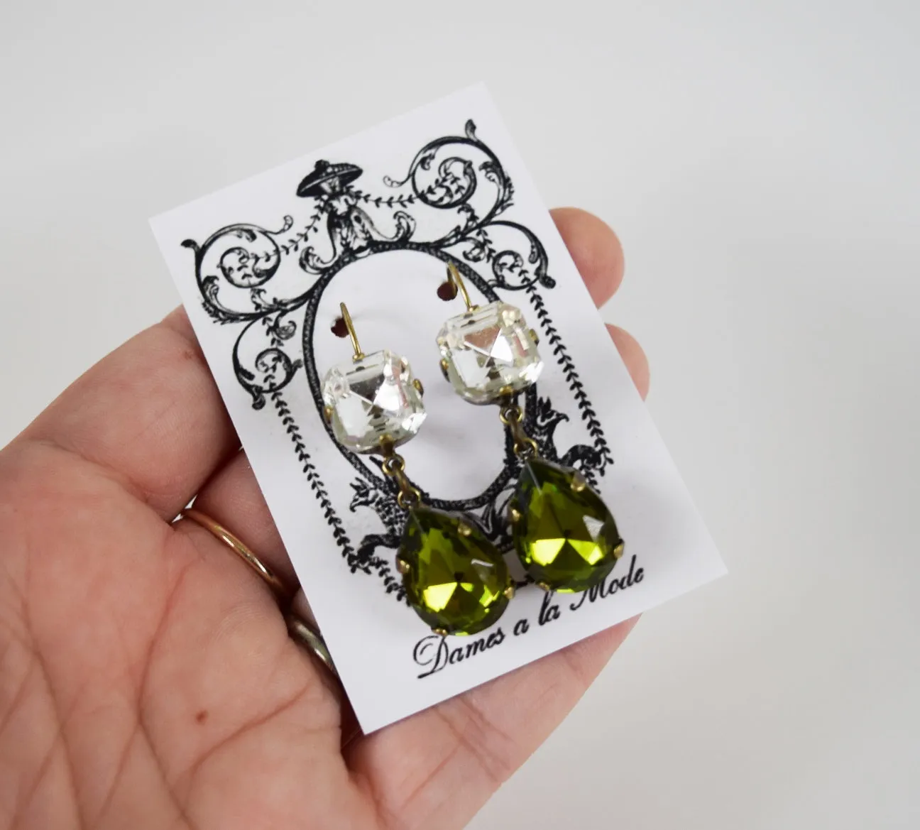 Olive Green and Crystal Teardrop Earrings