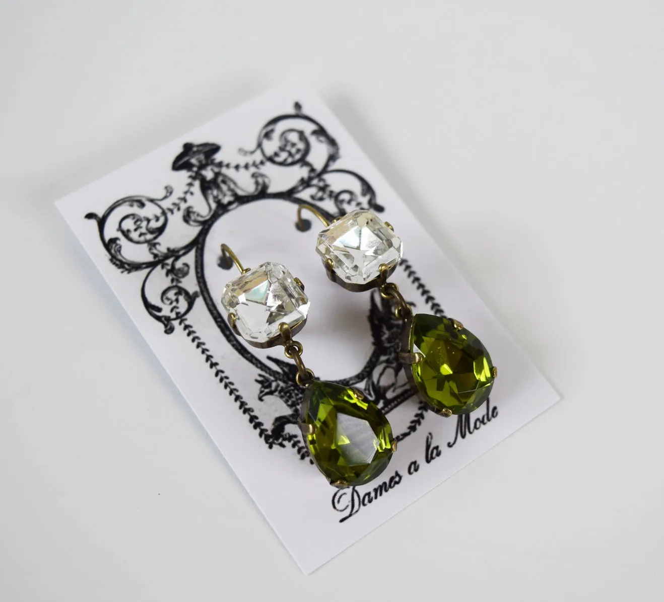 Olive Green and Crystal Teardrop Earrings