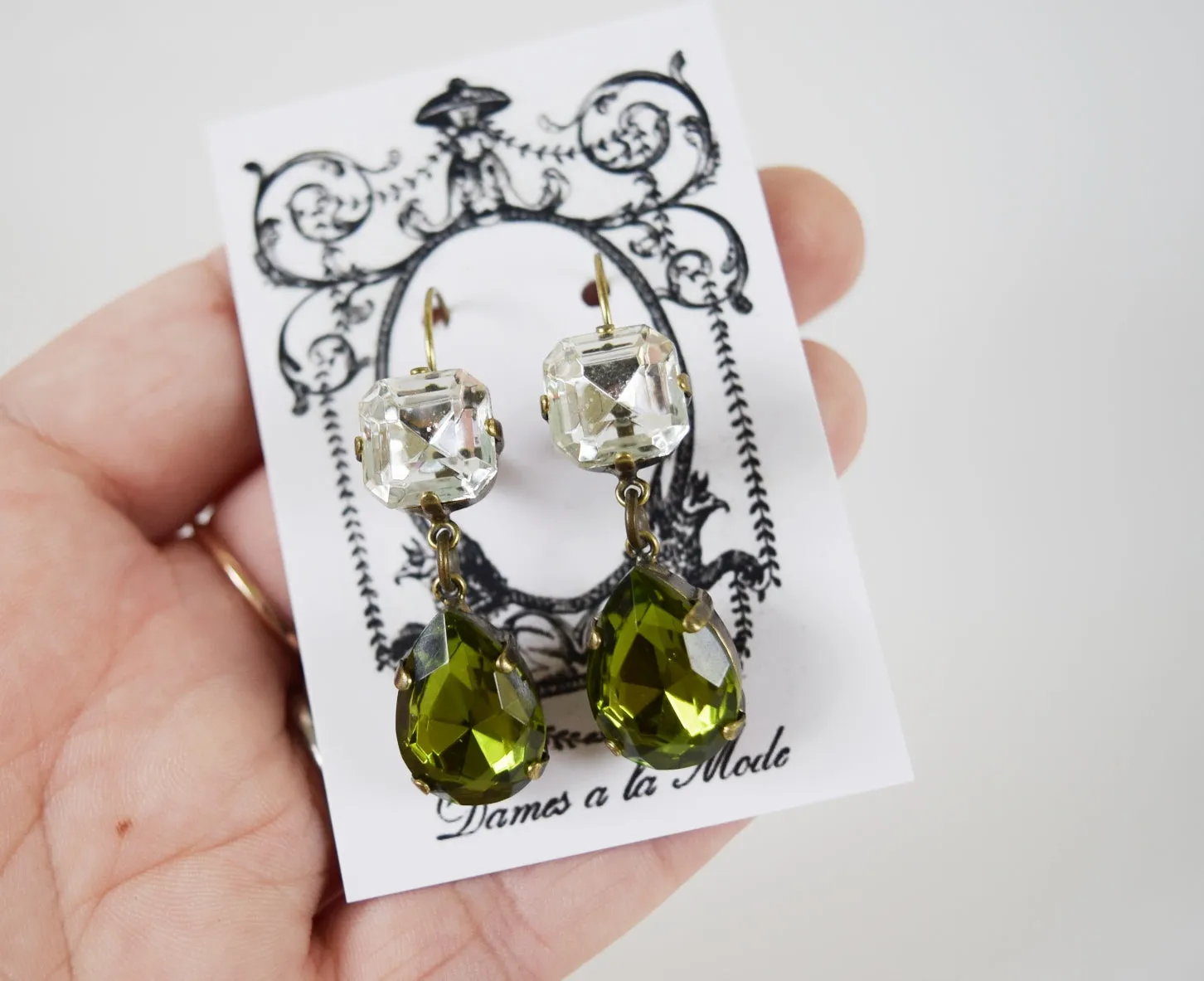 Olive Green and Crystal Teardrop Earrings