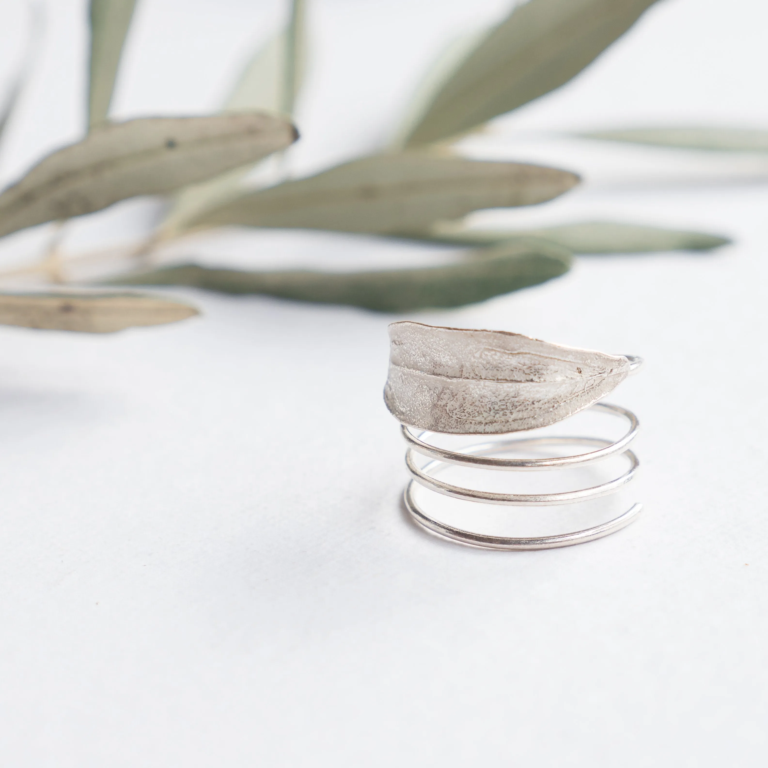 Olive Leaf Sterling Silver Ring - Funky Design on a Skinny Spiral