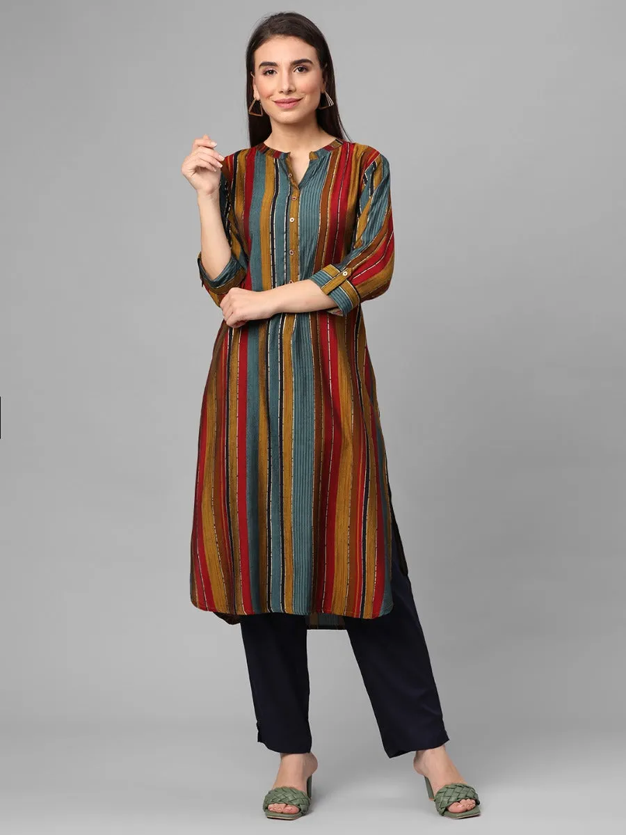 Olive Multi Stripe Printed Kurta With Trouser