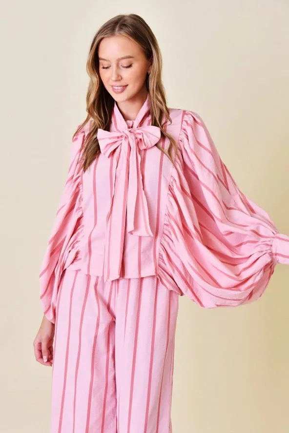 Pink Stripe Balloon Sleeve Top and Matching Pants Set