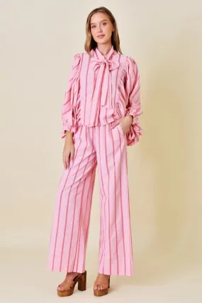 Pink Stripe Balloon Sleeve Top and Matching Pants Set