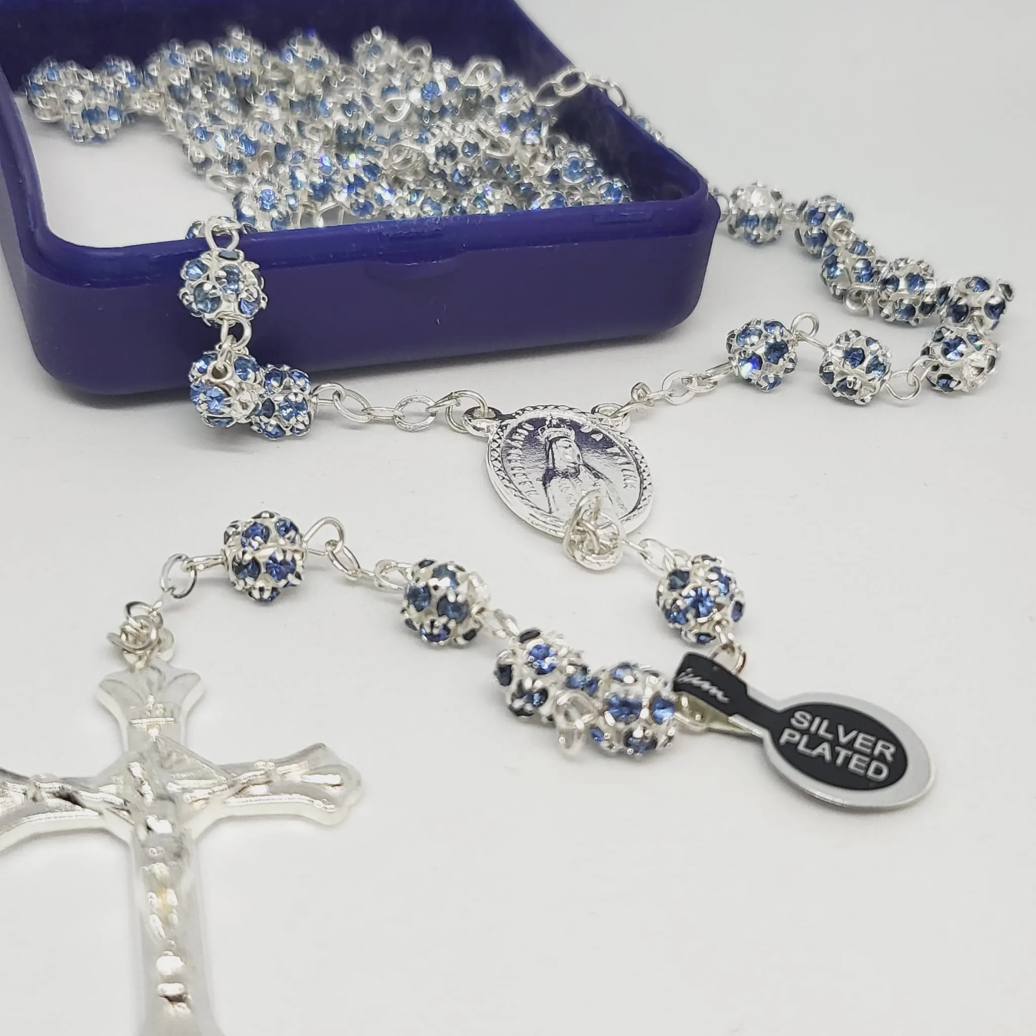 Premium Silver Medal of Fatima Rosary - Blue