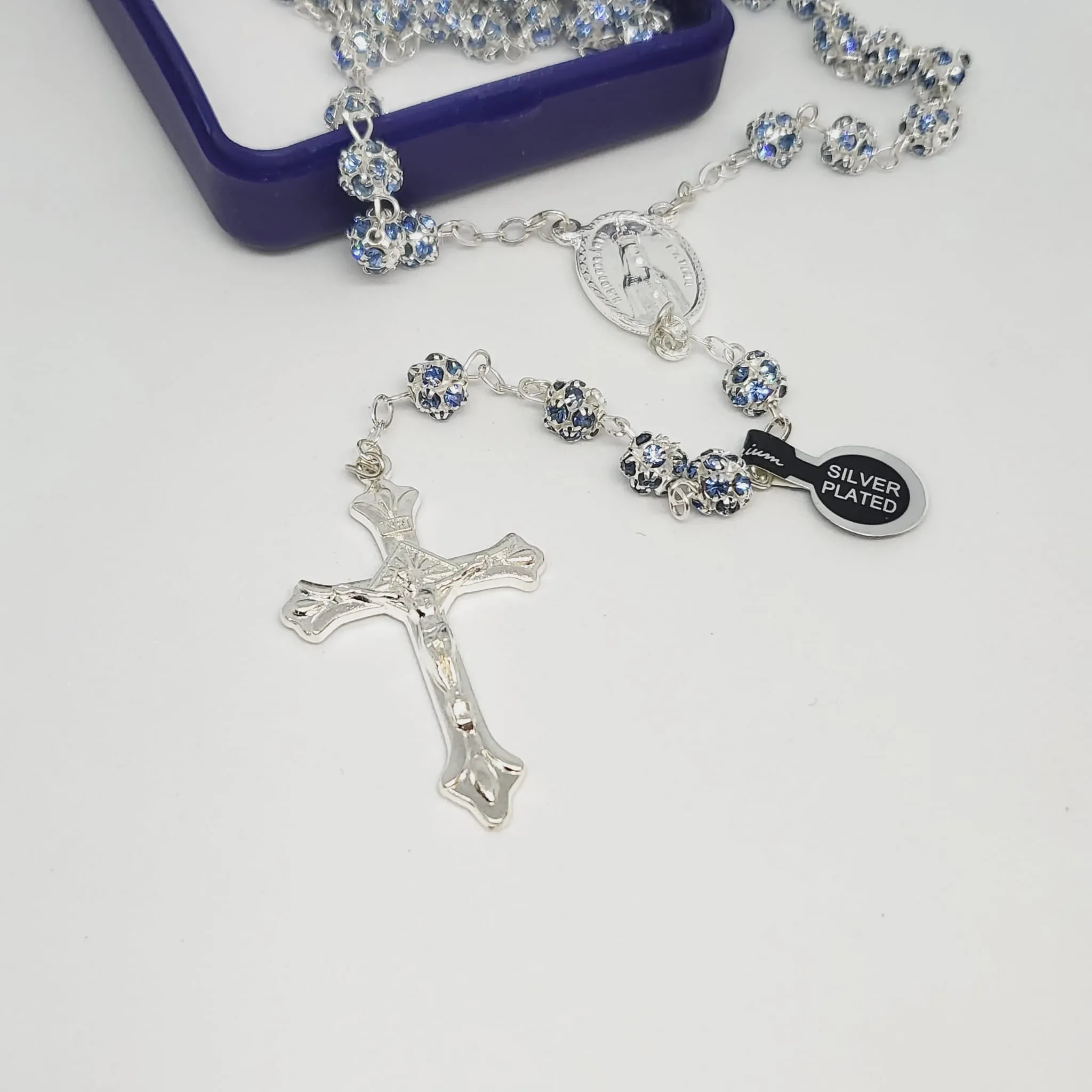 Premium Silver Medal of Fatima Rosary - Blue