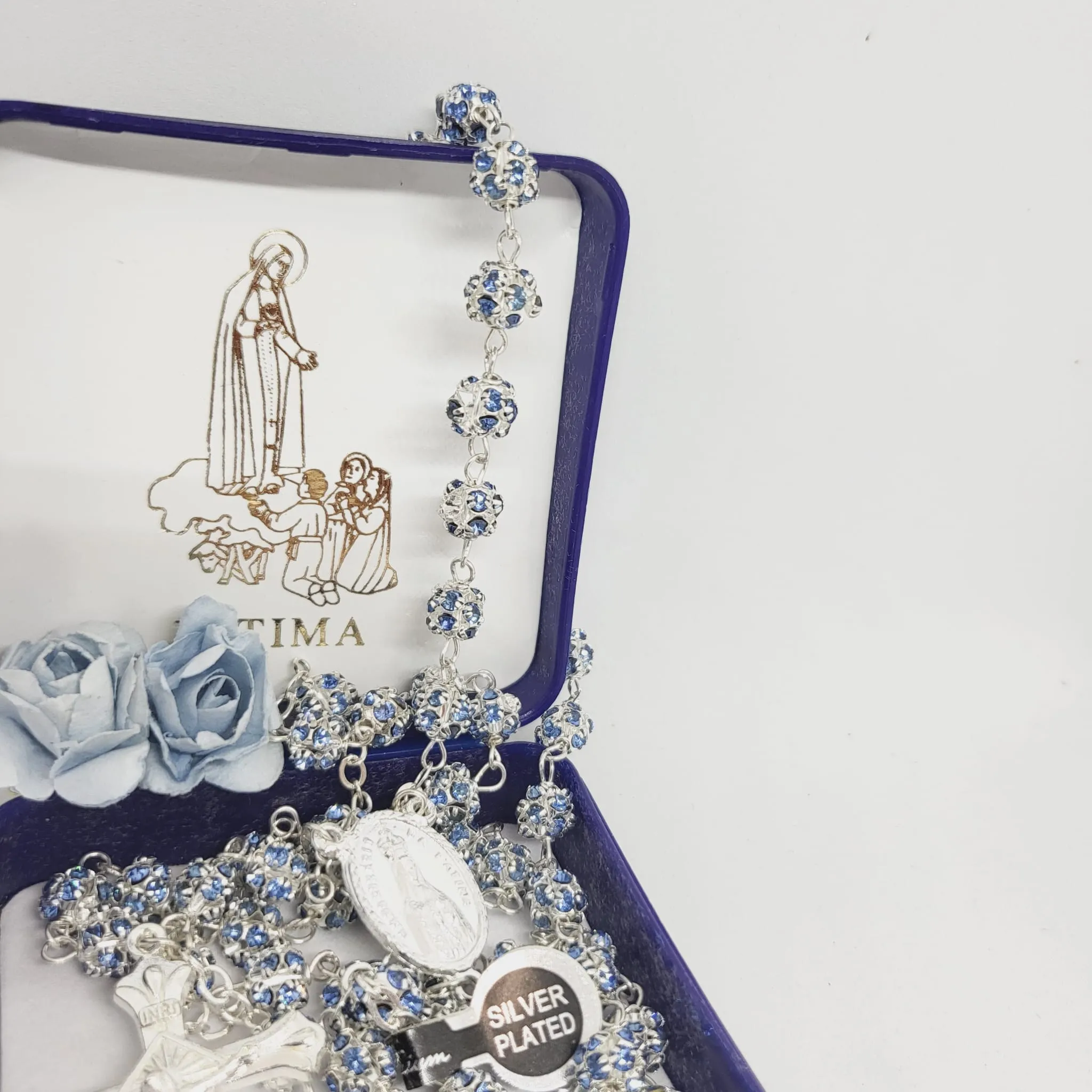 Premium Silver Medal of Fatima Rosary - Blue