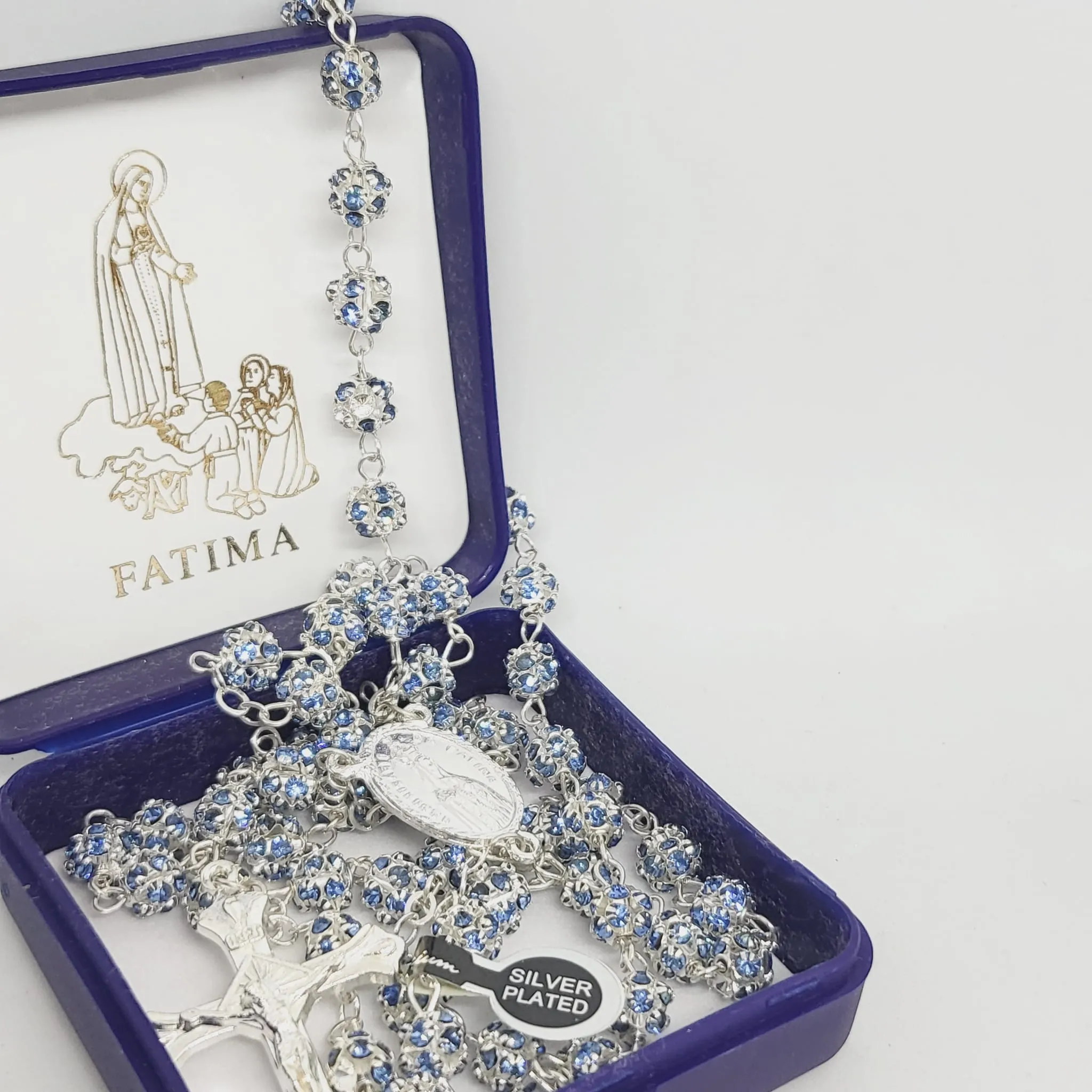 Premium Silver Medal of Fatima Rosary - Blue