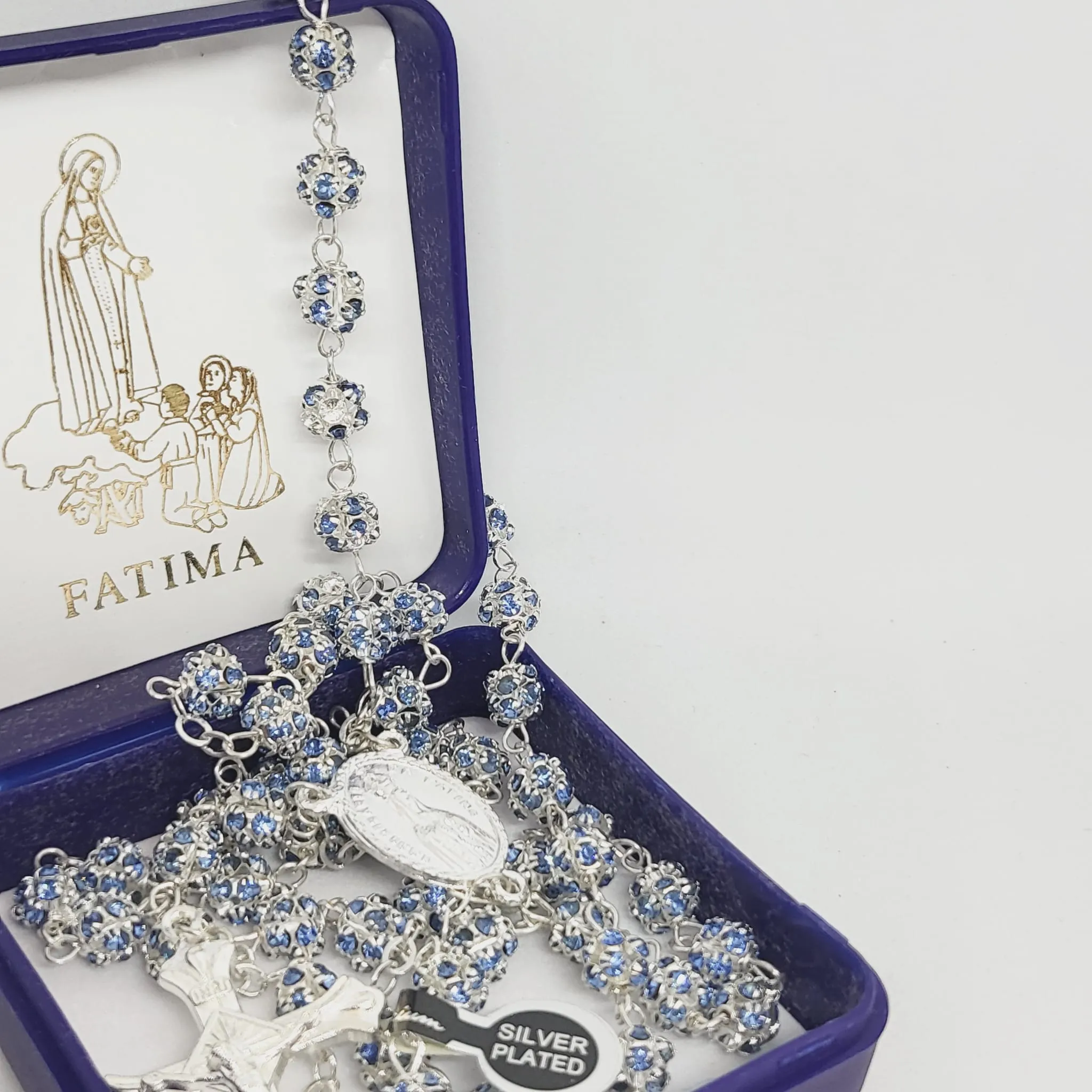 Premium Silver Medal of Fatima Rosary - Blue