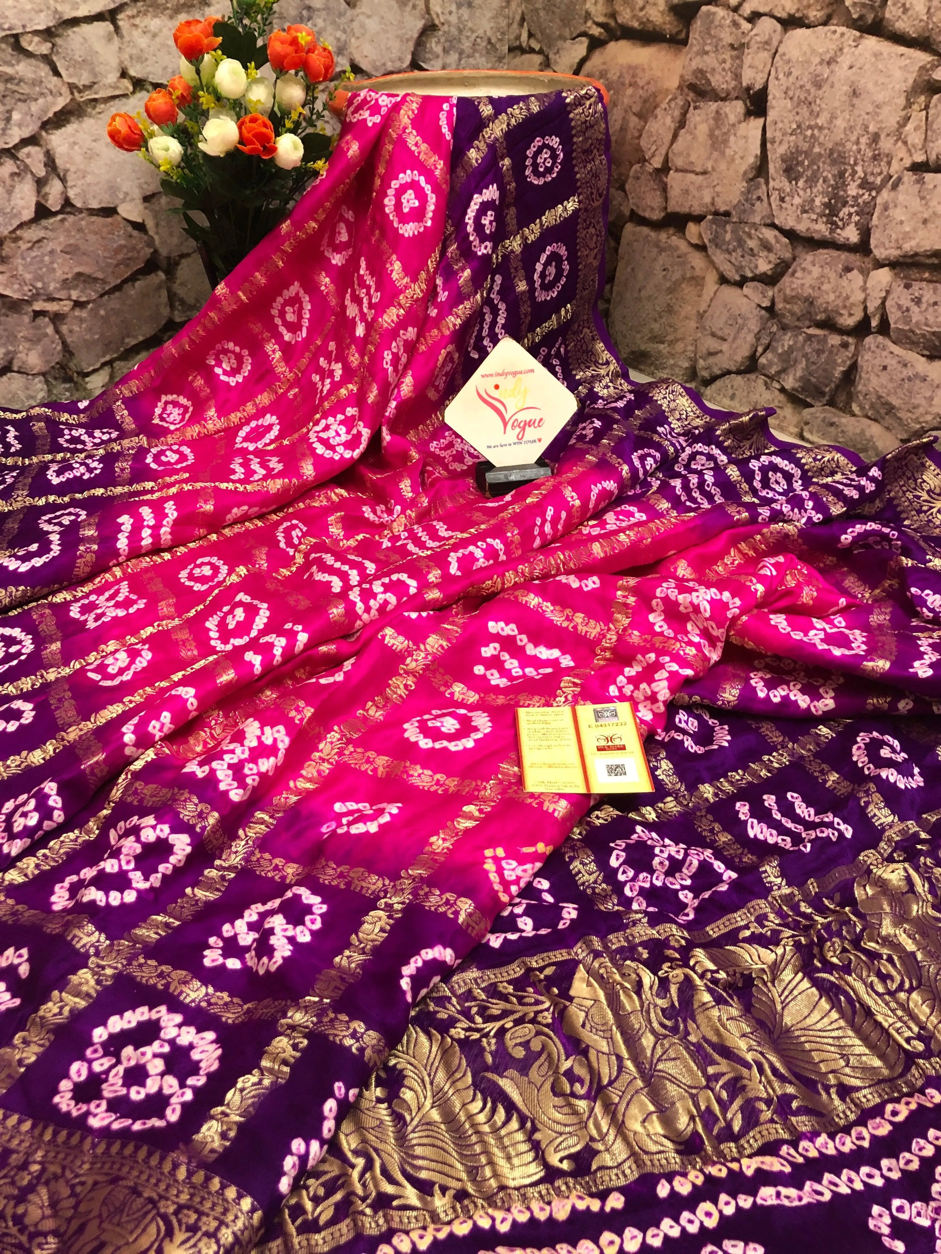 Pure Ghazi Silk Gharchola Saree with Hand Bandhani Work and Nakshi Border