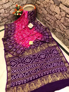 Pure Ghazi Silk Gharchola Saree with Hand Bandhani Work and Nakshi Border