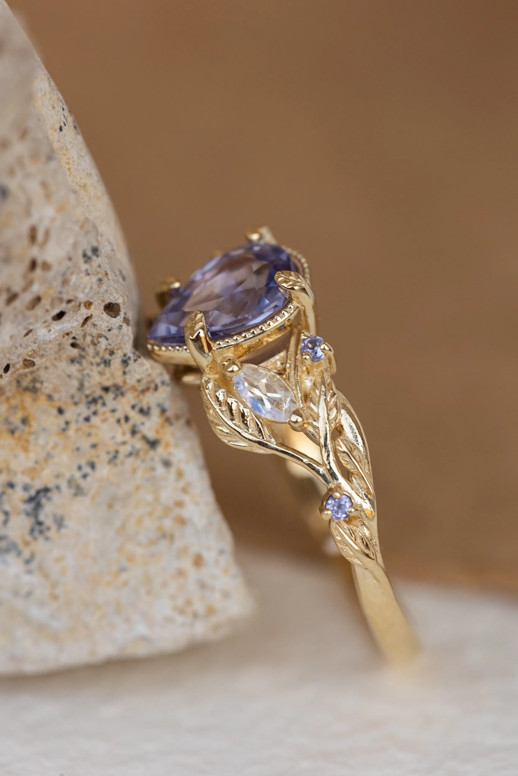 READY TO SHIP: Patricia ring in 14K yellow gold, natural purple sapphire 8x6mm, accent natural moonstones and tanzanites, AVAILABLE RING SIZES: 6-8US