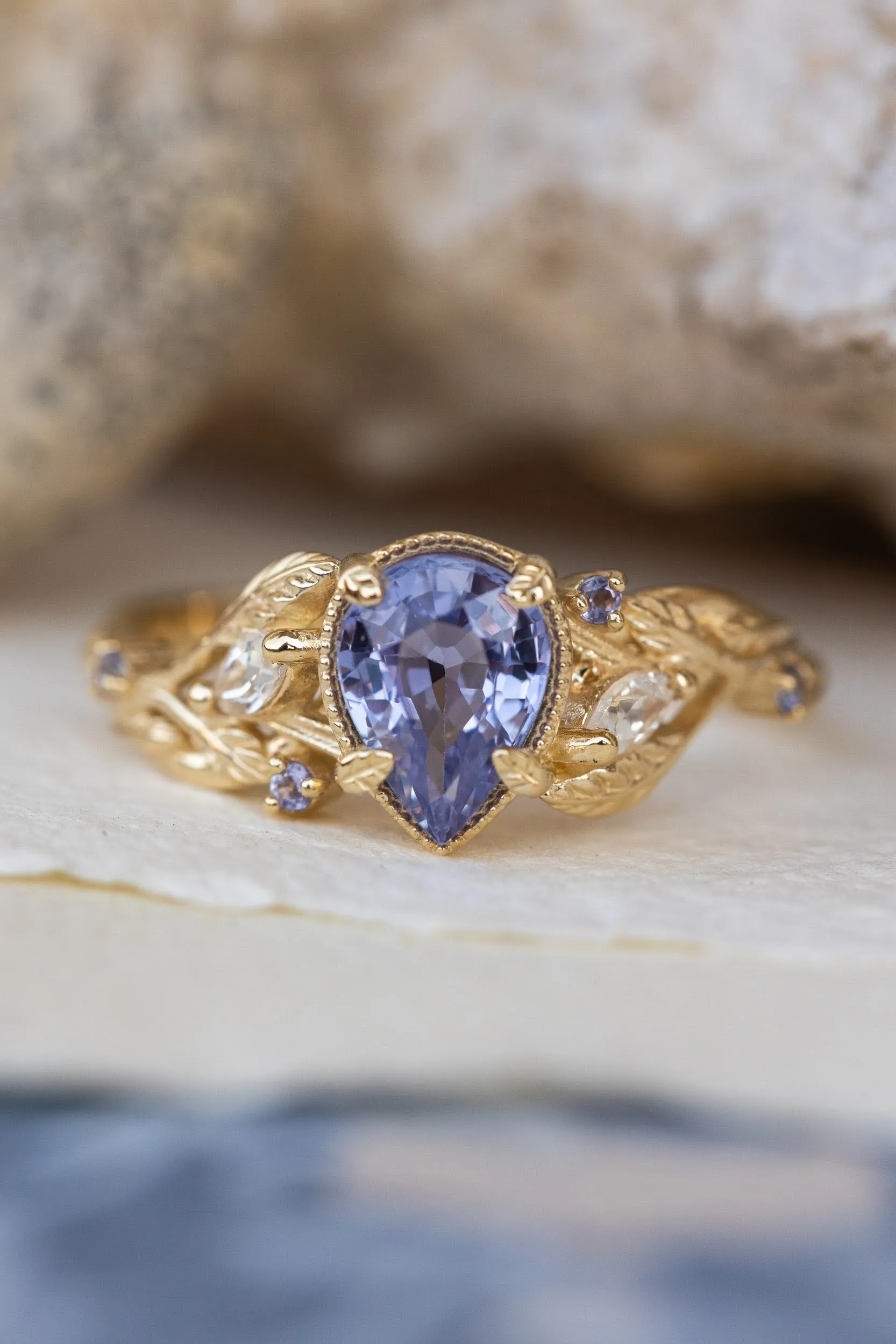 READY TO SHIP: Patricia ring in 14K yellow gold, natural purple sapphire 8x6mm, accent natural moonstones and tanzanites, AVAILABLE RING SIZES: 6-8US