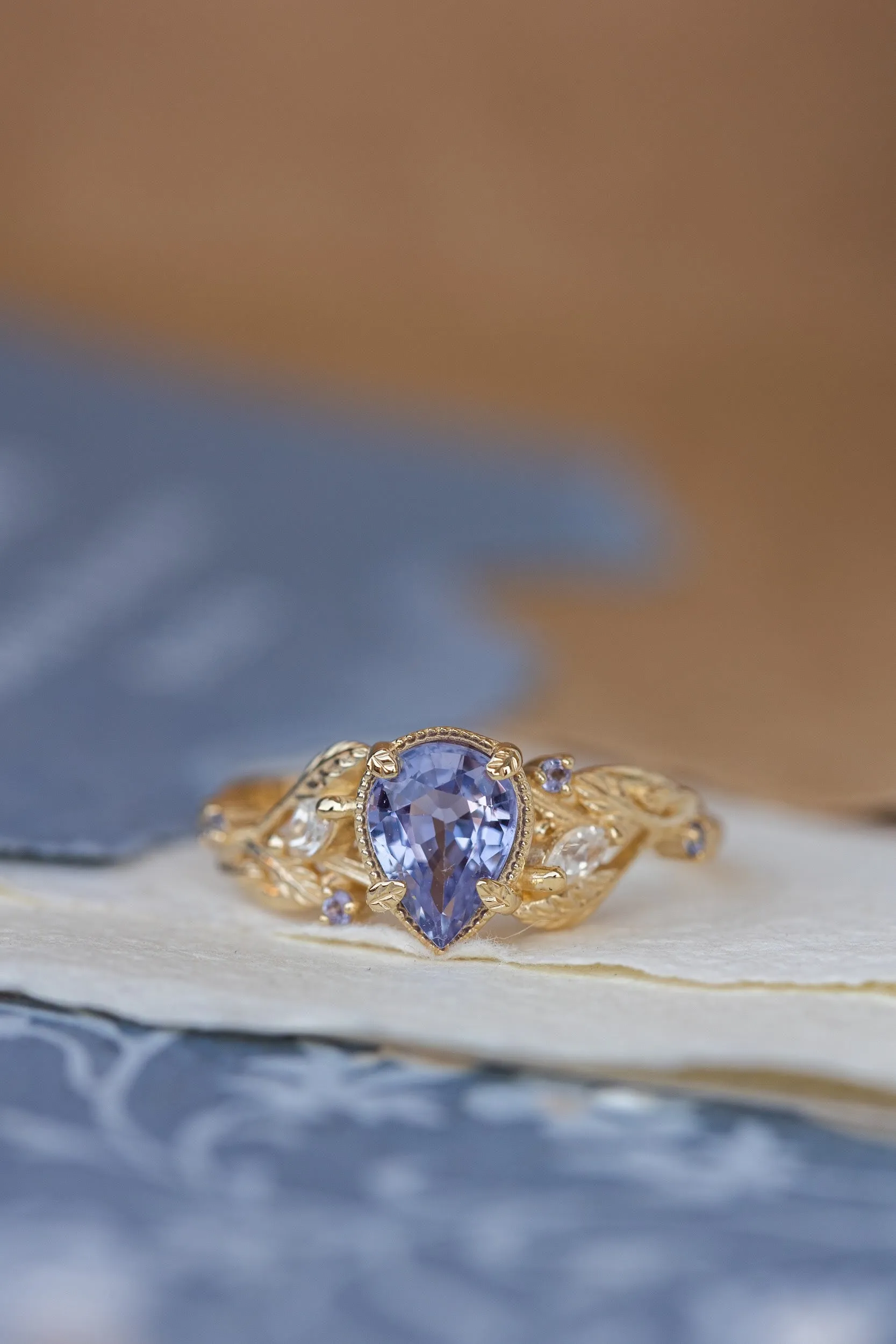 READY TO SHIP: Patricia ring in 14K yellow gold, natural purple sapphire 8x6mm, accent natural moonstones and tanzanites, AVAILABLE RING SIZES: 6-8US