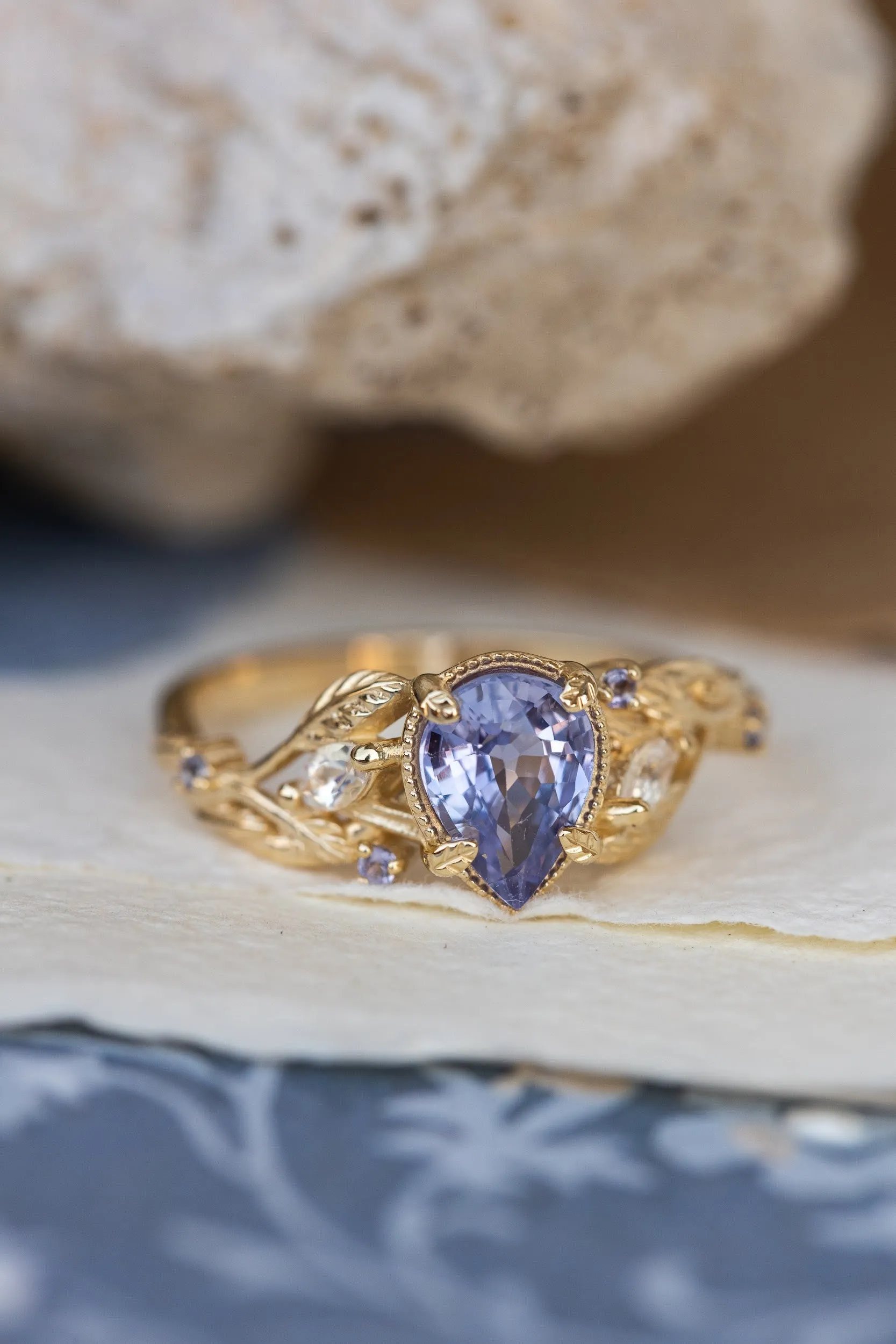 READY TO SHIP: Patricia ring in 14K yellow gold, natural purple sapphire 8x6mm, accent natural moonstones and tanzanites, AVAILABLE RING SIZES: 6-8US