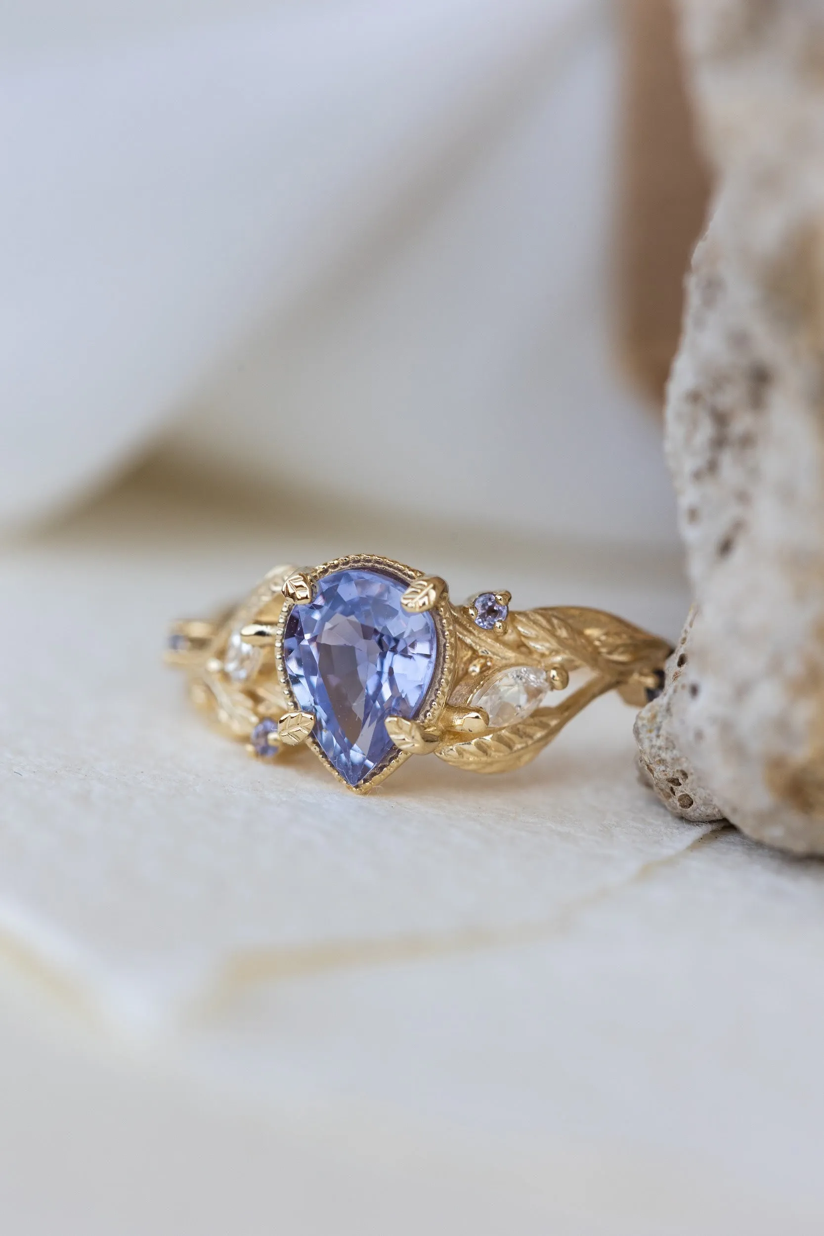 READY TO SHIP: Patricia ring in 14K yellow gold, natural purple sapphire 8x6mm, accent natural moonstones and tanzanites, AVAILABLE RING SIZES: 6-8US