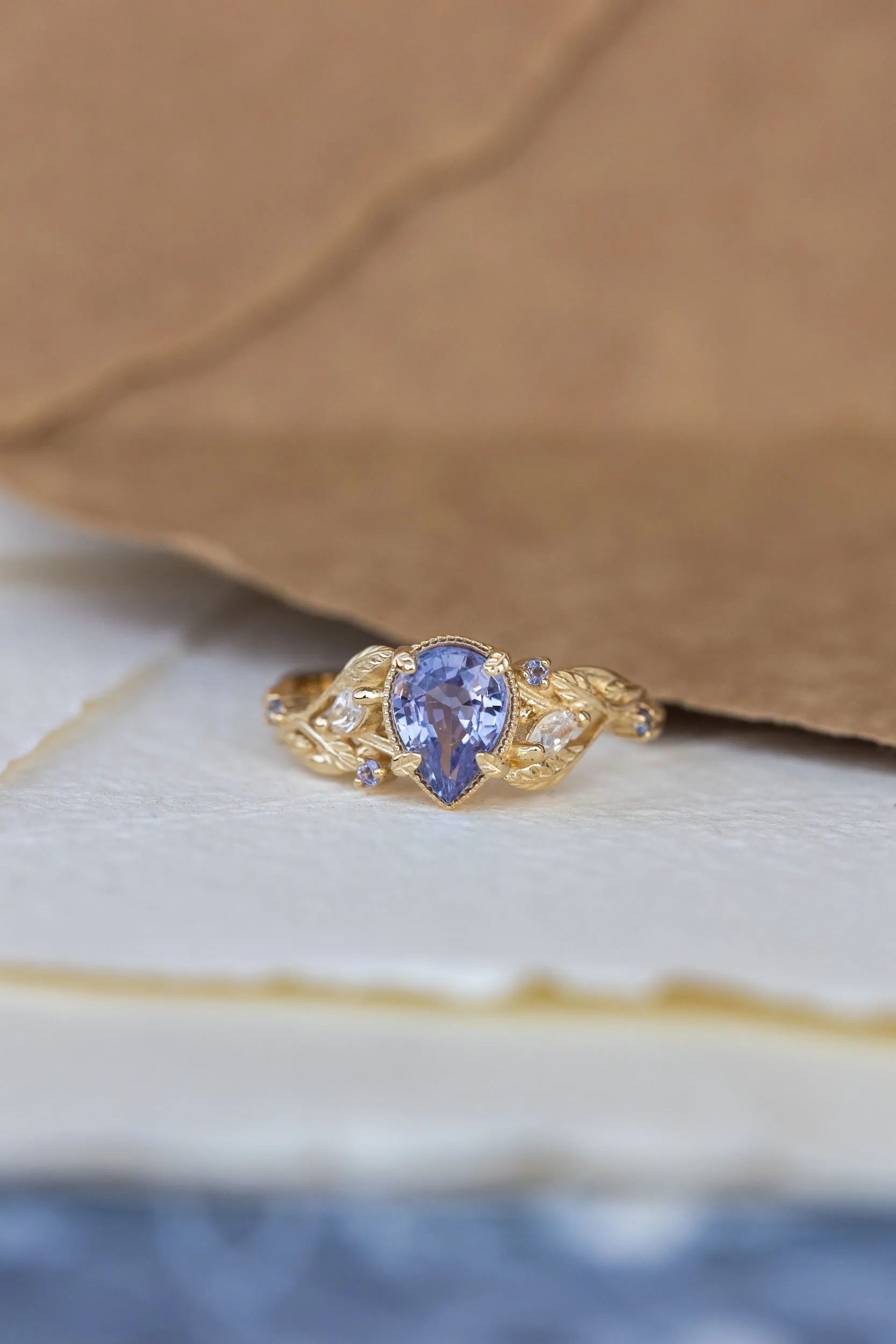 READY TO SHIP: Patricia ring in 14K yellow gold, natural purple sapphire 8x6mm, accent natural moonstones and tanzanites, AVAILABLE RING SIZES: 6-8US