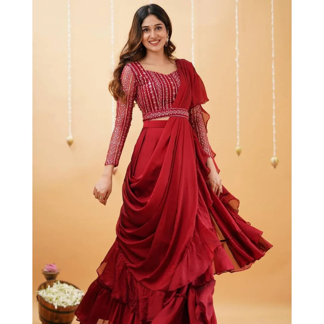 Red Women Lehenga Saree