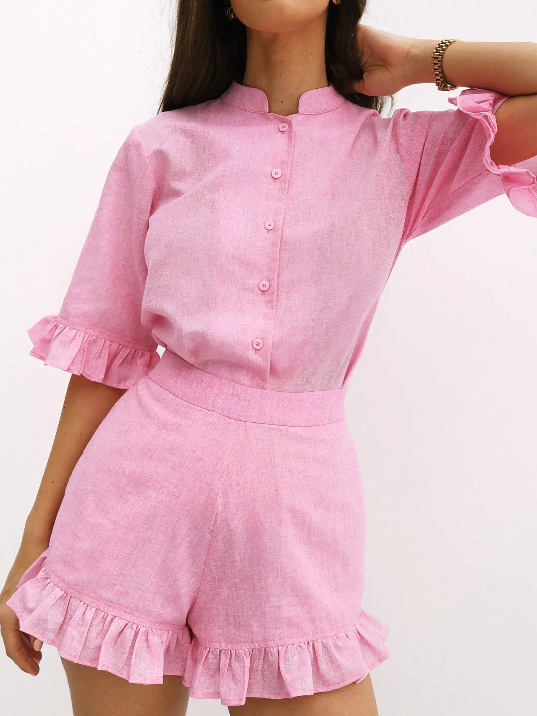 Riviera Frill Sleeve Shirt | Flamingo Pink