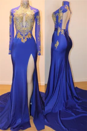 Royal Blue Prom Dress with Long Sleeves and Slit