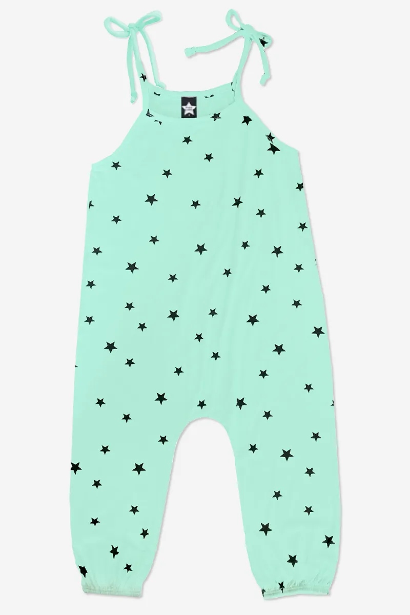 Simply Soft Strappy Baby Jumpsuit - Ice Mint Black Stars