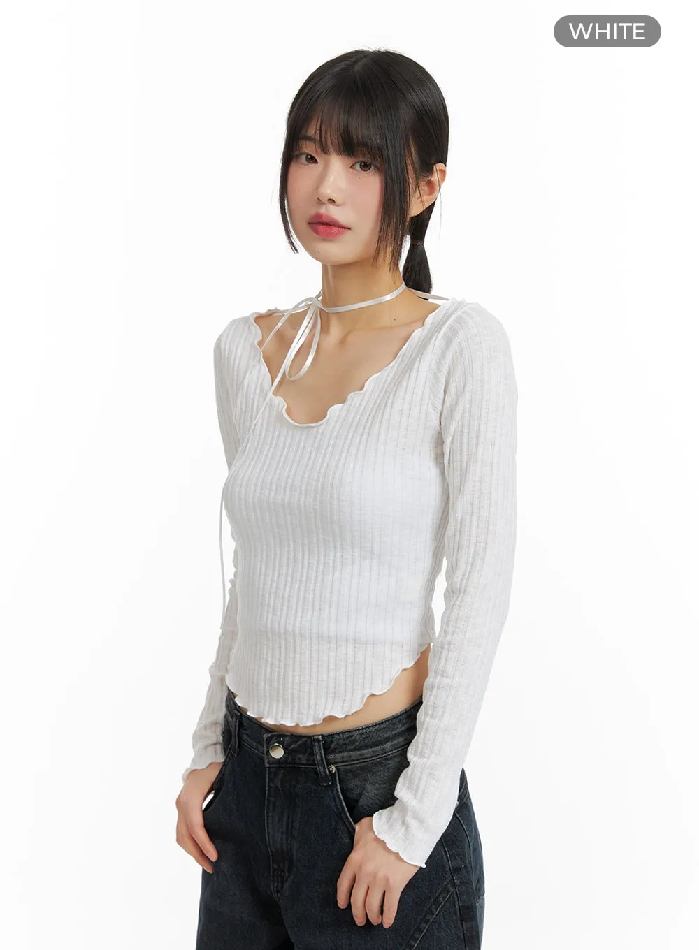 Solid Long Sleeve V-Neck Crop Top CF420